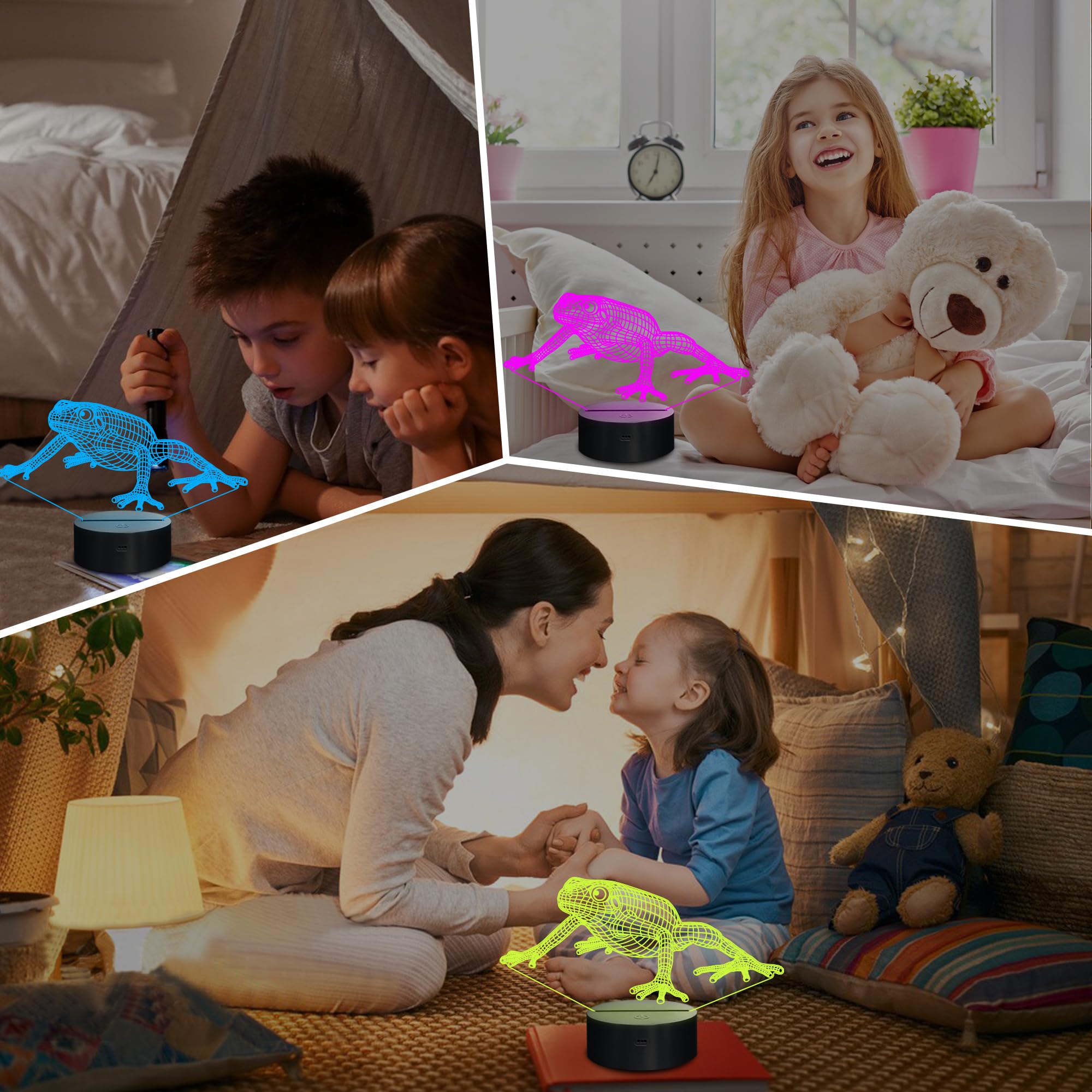 Lampeez Frog 3D Night Light - Green Optical Illusion Lamp with Remote Control, 16 Colors - Perfect Gift for Kids, Model DL-LPZ