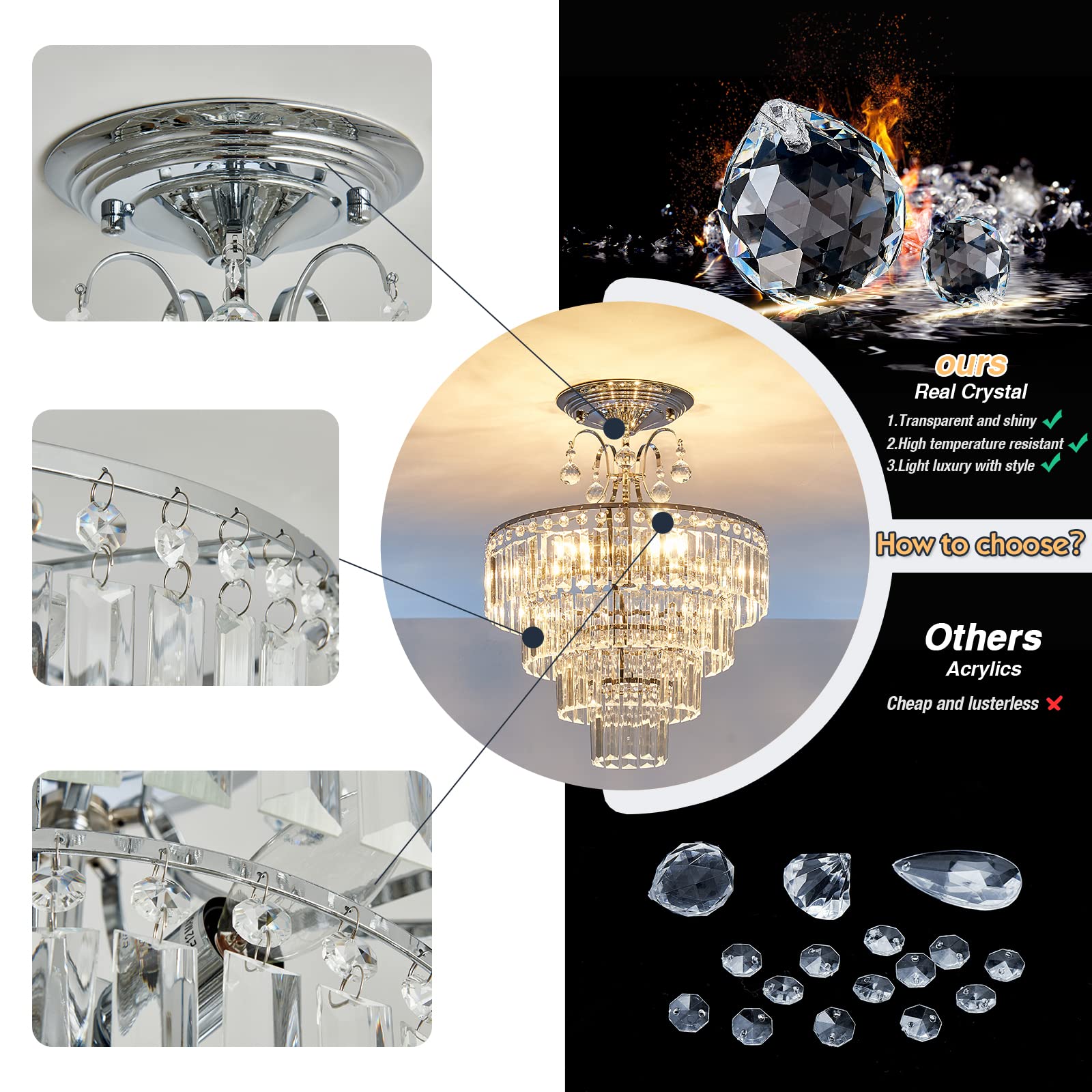 CVKASH Crystal Chrome Chandelier - 5 Lights Semi Flush Mount Ceiling Lamp for Dining Room, Kitchen, Bedroom, 15.4 Inch, Silver, Model W1144