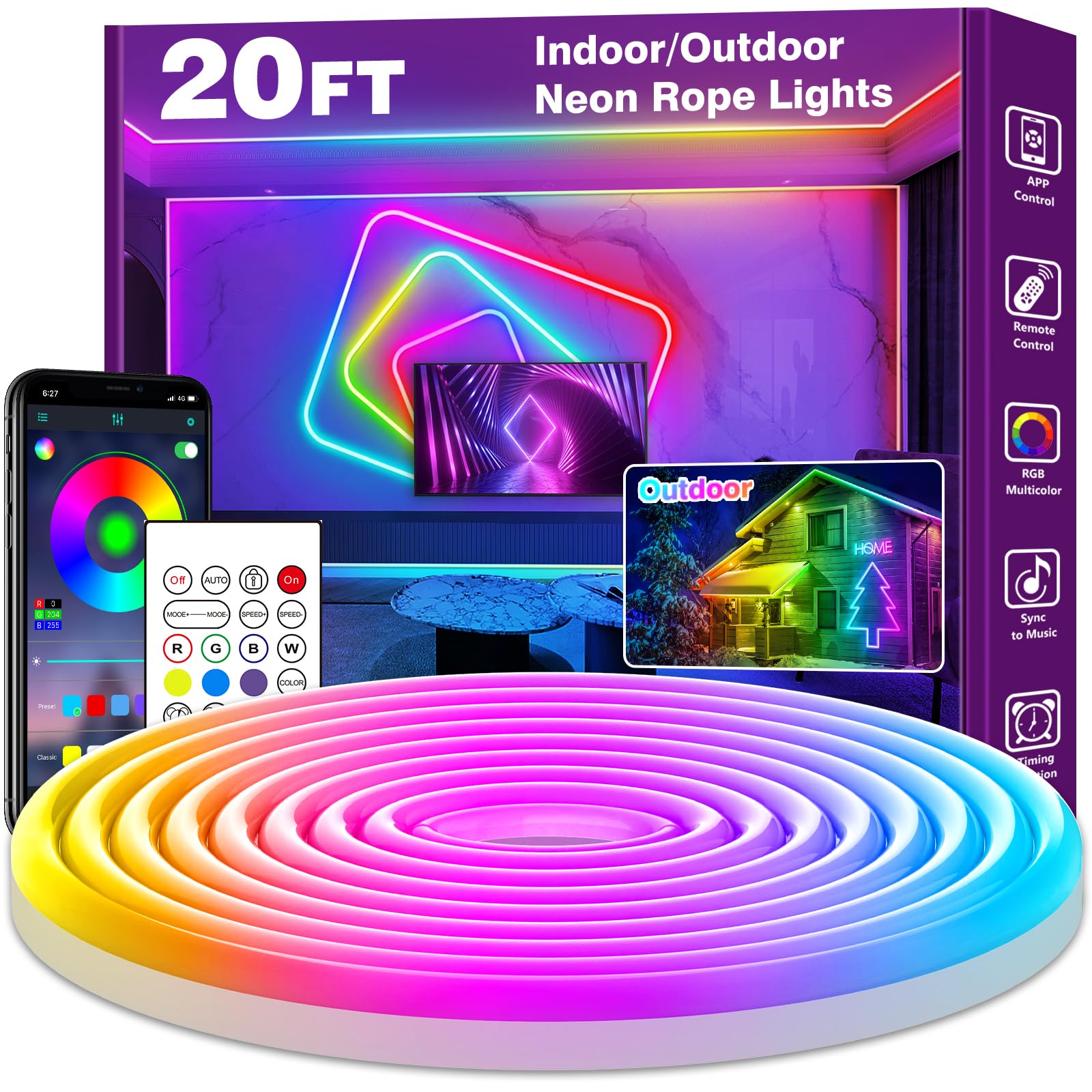 AILBTON 20FT LED Neon Rope Lights, RGB Waterproof, App/Remote Control, Flexible, Music Sync, Model BT1
