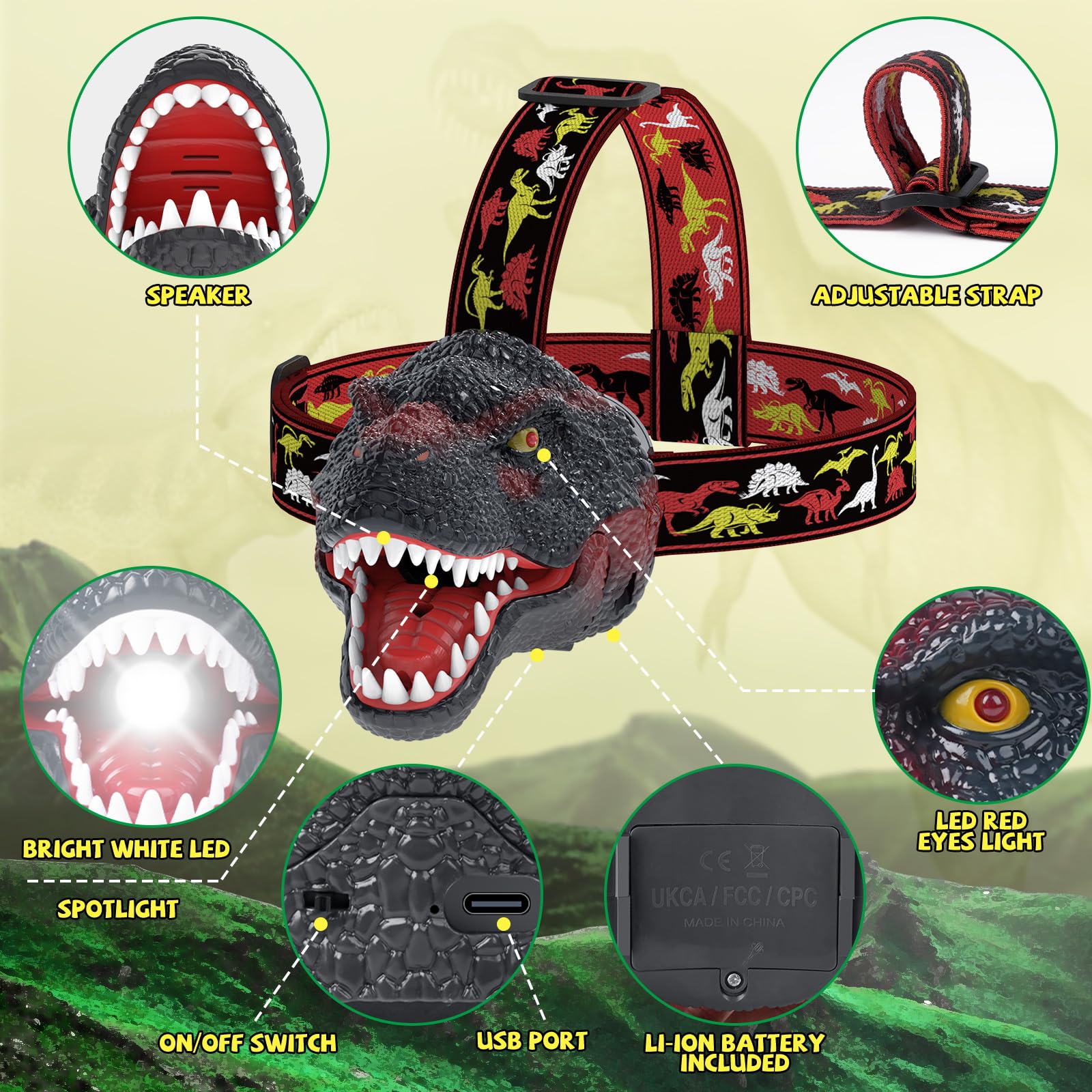 Nitigo Dinosaur Headlamp For Kids Flashlight Rechargeable Led Headlights Roar & Silent Mode, T-Rex Dinosaur Toys For Kids 3-5 4-