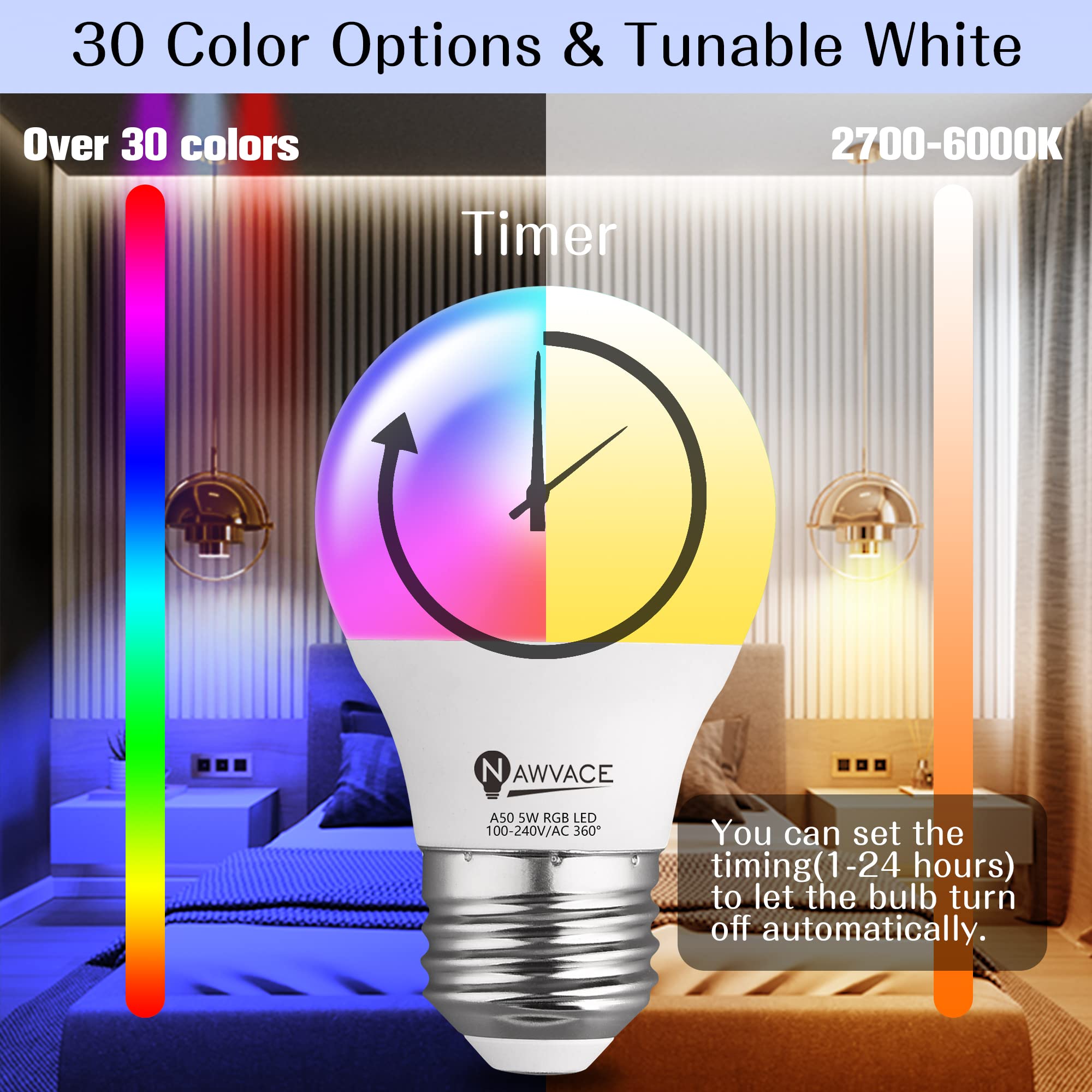 NAWVACE RGB Color Changing Light Bulb with Remote Control, 5W 40W Colored Light, 30 Color RGB for Bedroom, Living Room, 6-Pack