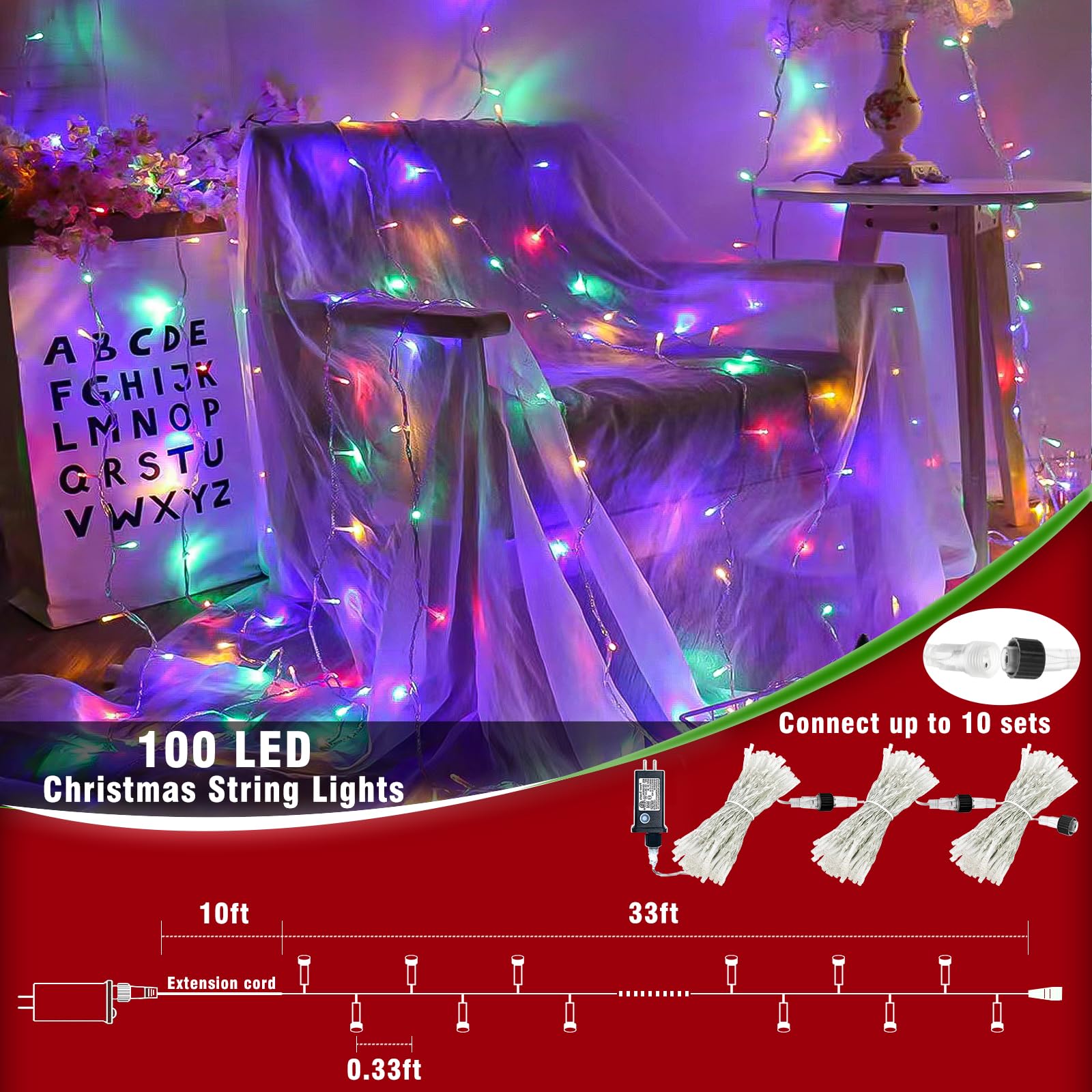 Vivideal 33ft 100 LED Christmas Lights, Multicolor Waterproof String Lights with 8 Modes, Indoor/Outdoor Fairy Lights for Home Party Decor