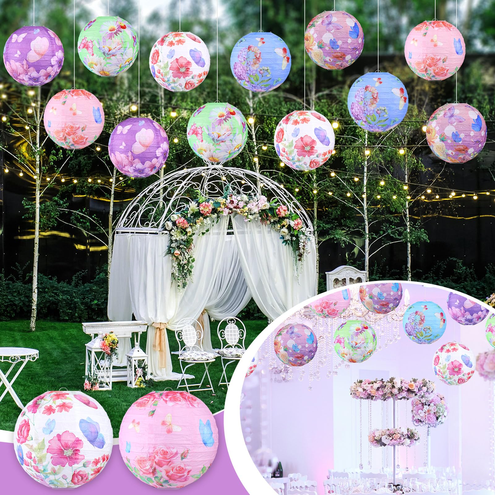 Panelee 12 Pcs Butterfly Floral Paper Lanterns Party Decorations 8 Inches Hanging Round Pink Purple Flower Paper Lanterns For Su