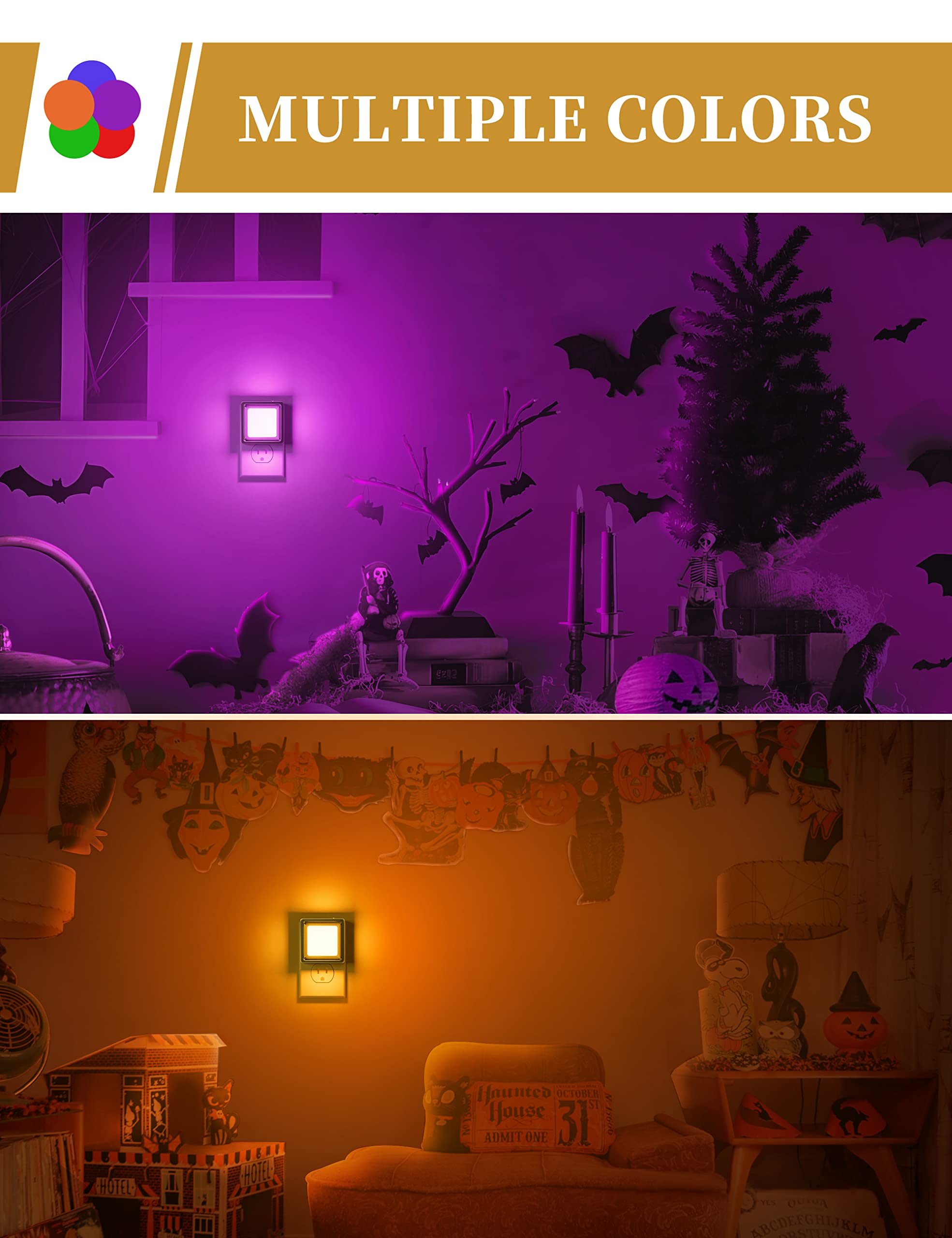 DORESshop Night Light 2 Pack, LED Dusk to Dawn Sensor, Adjustable Brightness, Orange, Plastic
