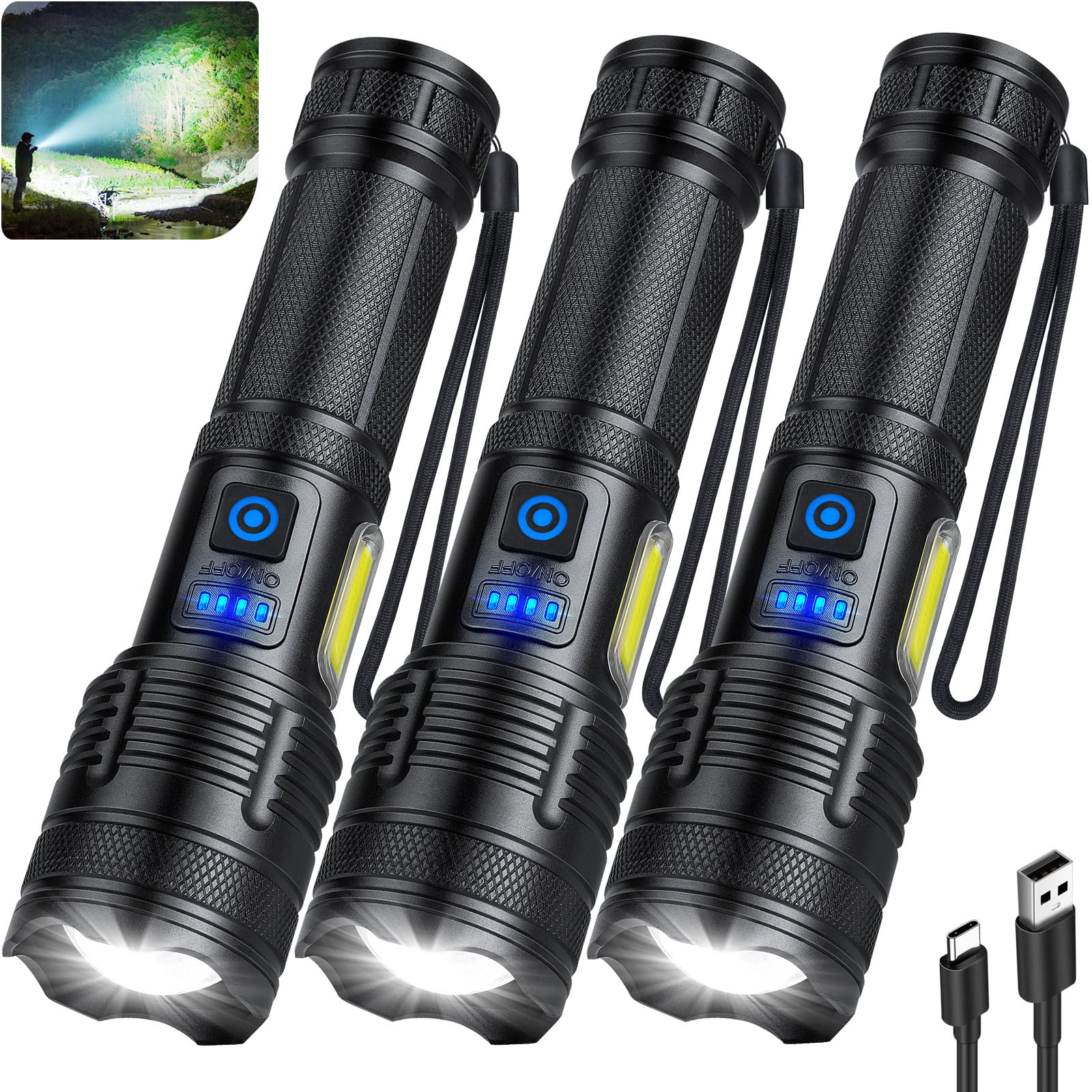 KINGCAESAR Rechargeable Flashlight 90,000 Lumens, 7 Light Modes, IPX7 Waterproof, Model P121, Black