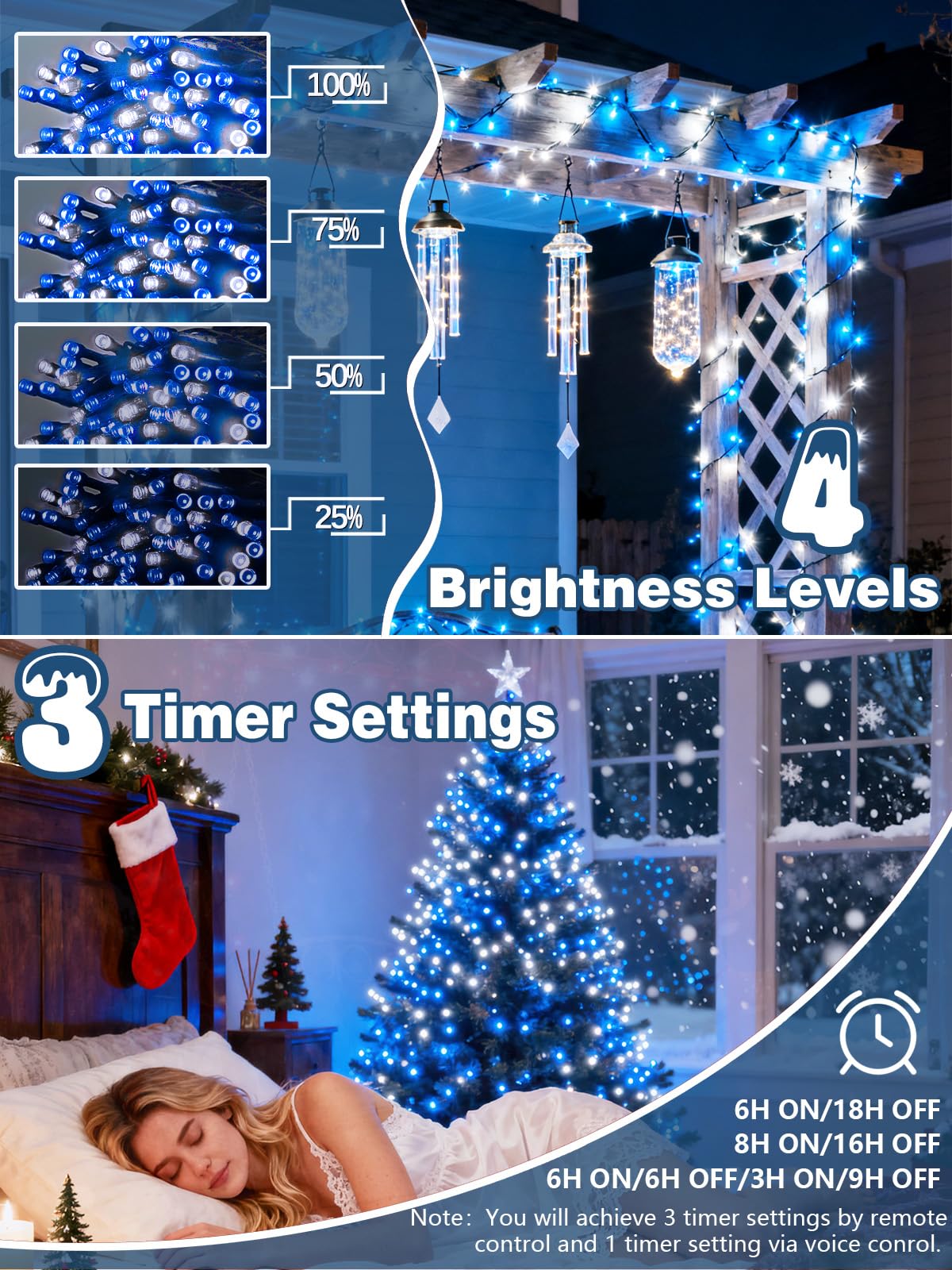 Voice Controlled Christmas Lights With Remote  99 Ft 300 Led String Lights Indoor Outdoor With 12 Modes 3 Timers  Dimmable Twinkle Light Plug In Waterproof For Xmas Tree Party Decor  White And Blue