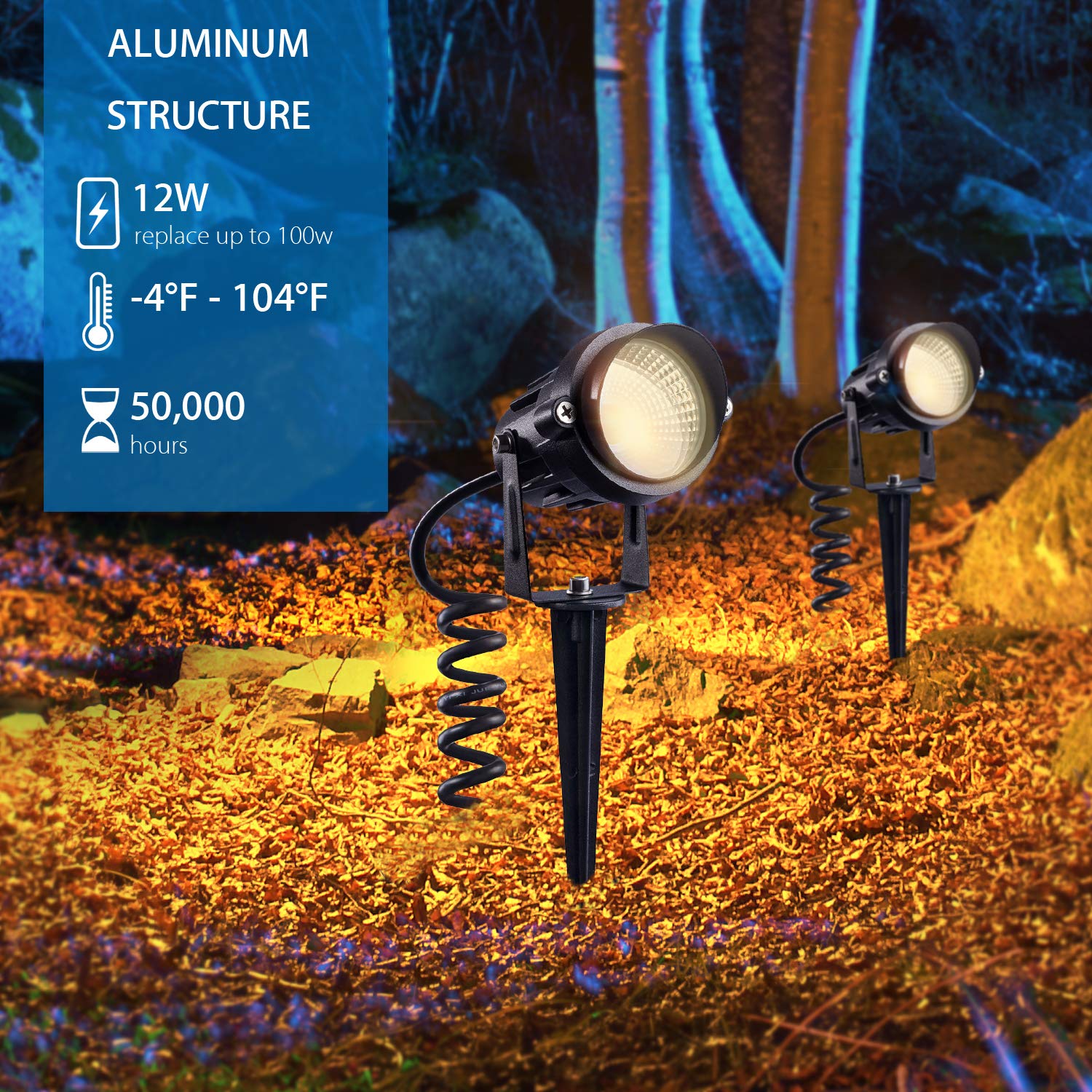 SUNVIE LED Landscape Lighting 12W Waterproof Garden Spotlights, Aluminum, Warm White, Model IT-OUU-15-27, 2 Packs