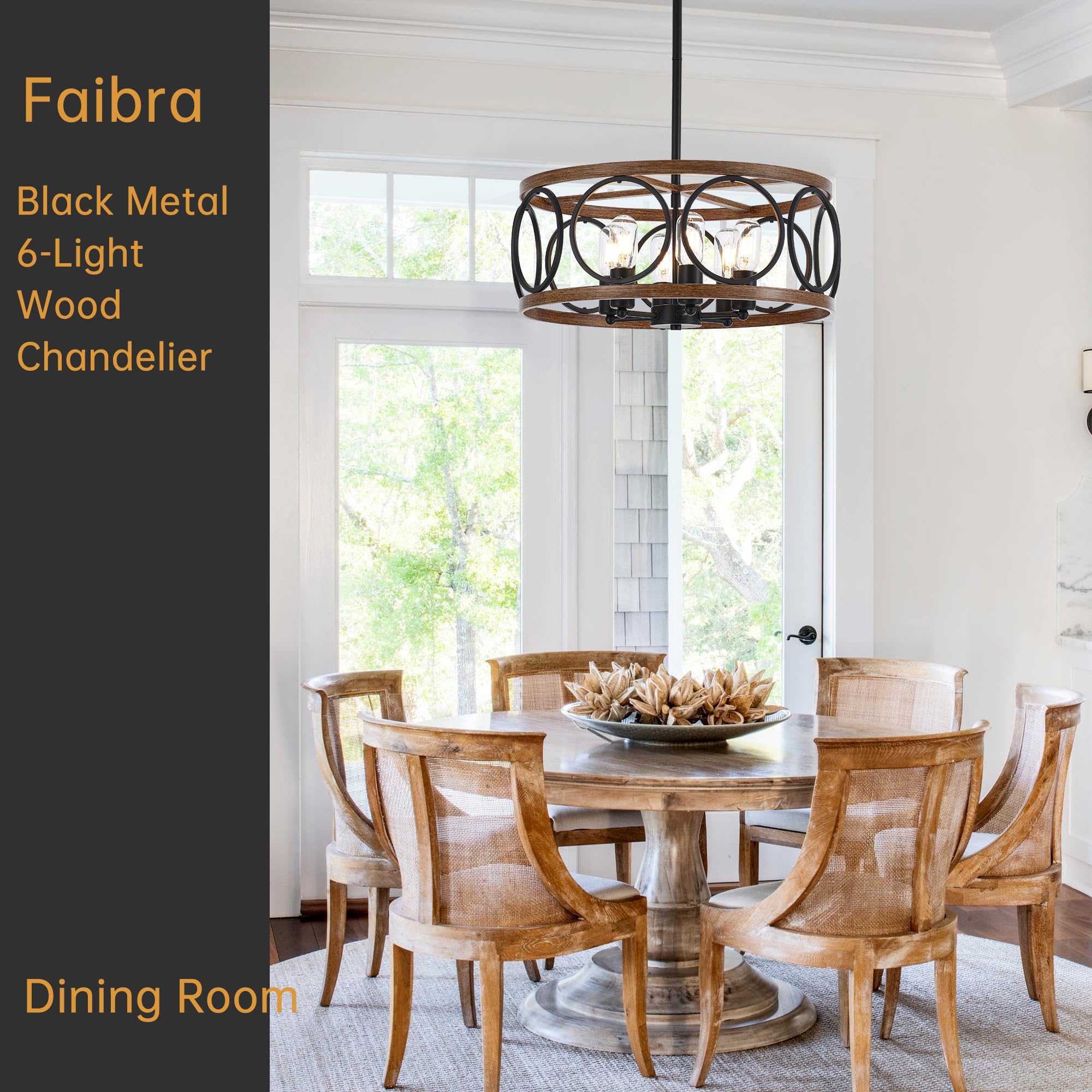 Faibra 6-Light Farmhouse Drum Pendant Light,19.7'' Nature Wood Texture Vintage Rustic Chandeliers Black Metal Industrial Hanging