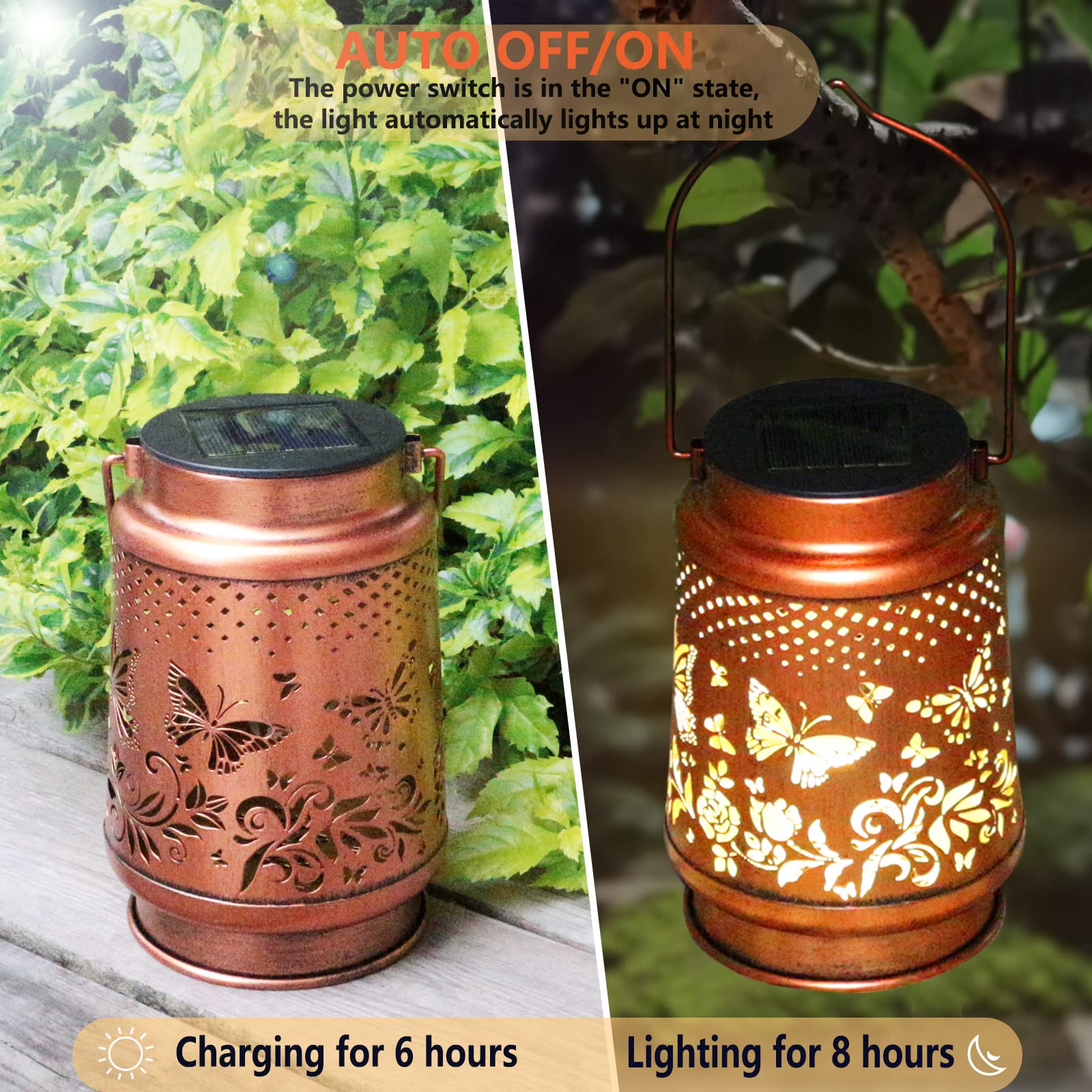 2 Pack Solar Butterfly Lanterns Outdoor Hanging Decor Lantern,Waterproof Hollow Out Retro Metal Decorative Garden Light,Graceful