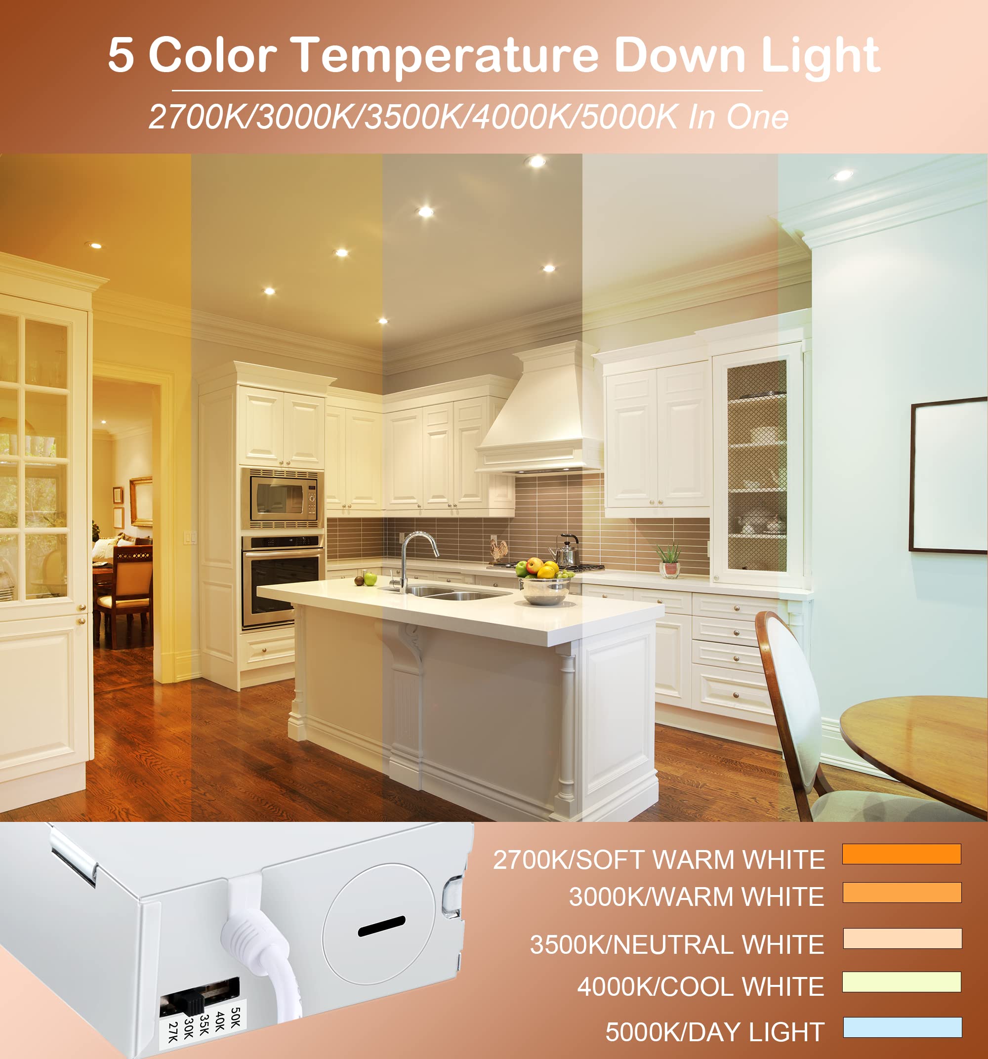 CLOUDY BAY 6 Inch 5CCT LED Recessed Ceiling Light, Dimmable Night Light, Model LJD006WH5CN-6PK