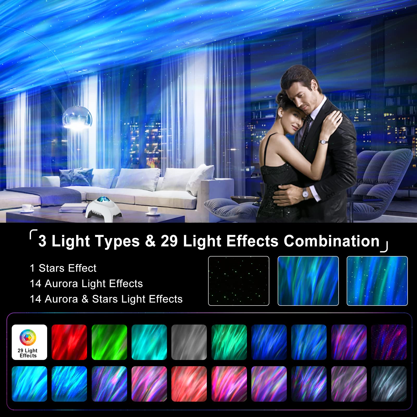 Vinwark Star Projector, Galaxy Projector, Northern Lights Aurora Projector For Bedroom With Music Bluetooth Speaker And White No