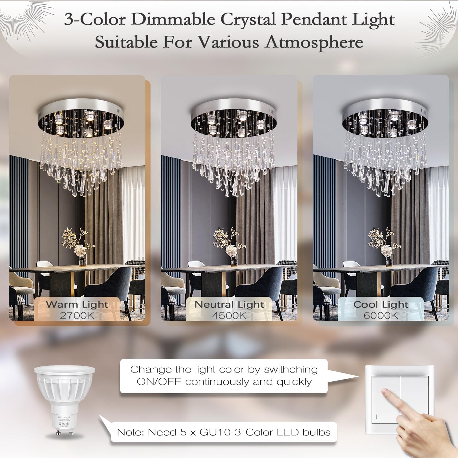 Finktonglan 5-Lights Modern Chandelier K9 Crystal Chandelier Light Fixture Modern Flush Mount Ceiling Light Fixtures Raindrop Ch