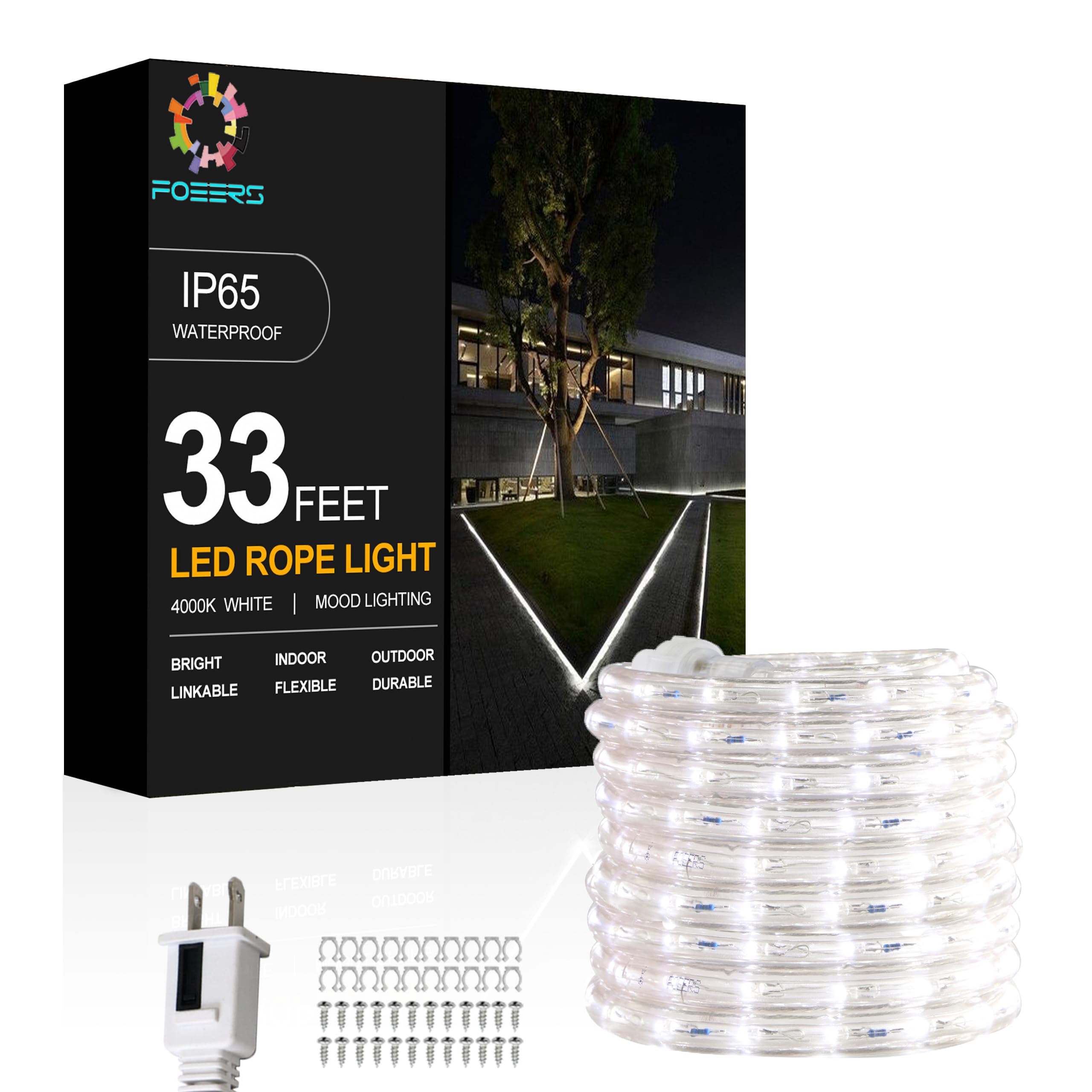 FOEERS 33FT White LED Rope Lights Outdoor,Flexible Tube Rope Lights Plug in,Connecting Rope Lights for Deck,Patio,Camping,Porch,