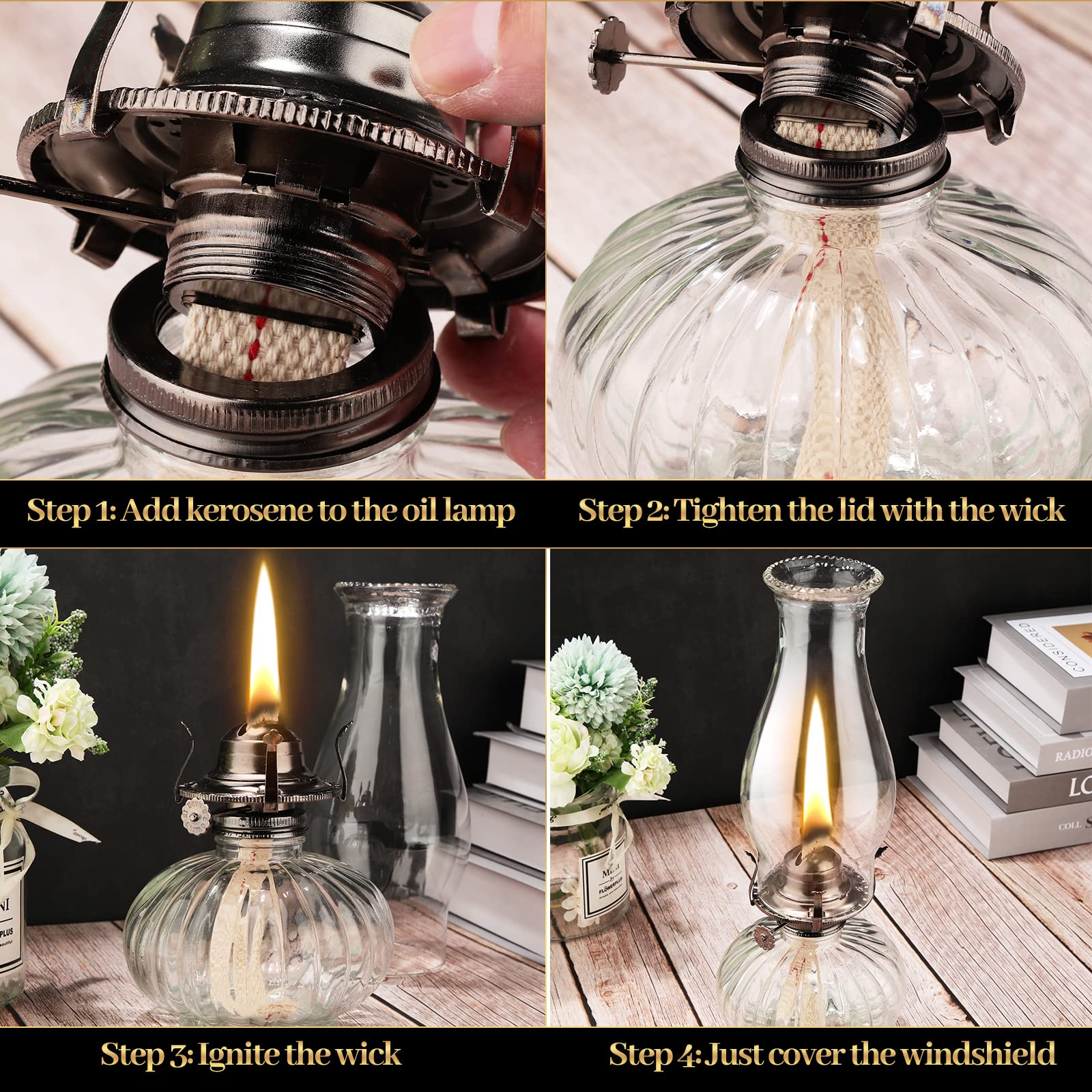 2 Set Chamber Oil Lamp Classic Kerosene Lamp Large Oil Glass Lantern Vintage Hurricane Lamp With Adjustable Fire Wick For Home Indoor Use Chimney Burner, 13 Inch Heigh(Clear)
