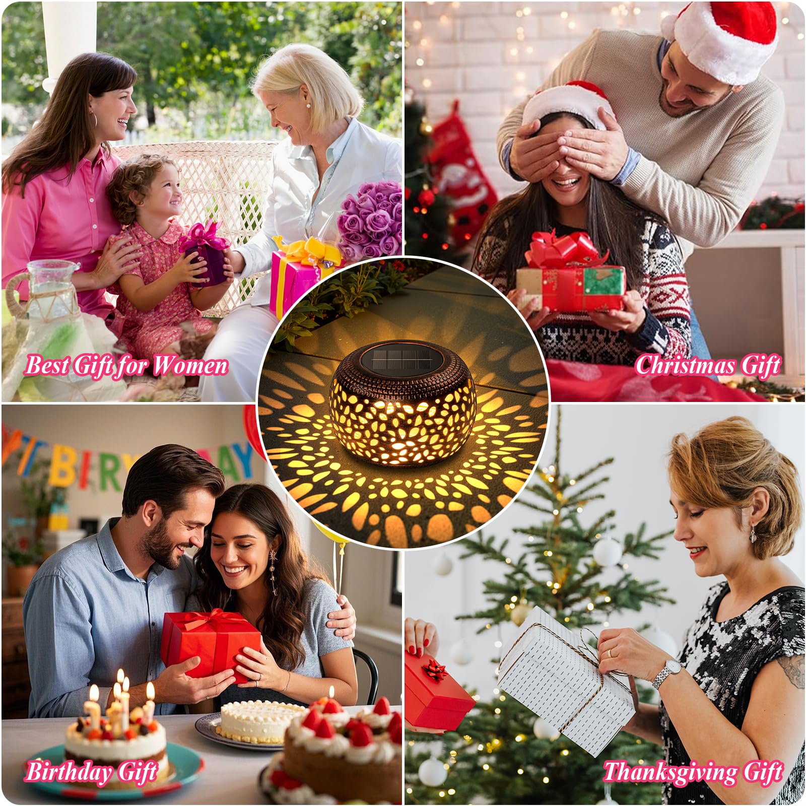 Solar Lanterns Outdoor Waterproof: 2 Pack Hollow Out Retro Metal Solar Lights - Decorative Atmosphere Table Lantern - Gifts for