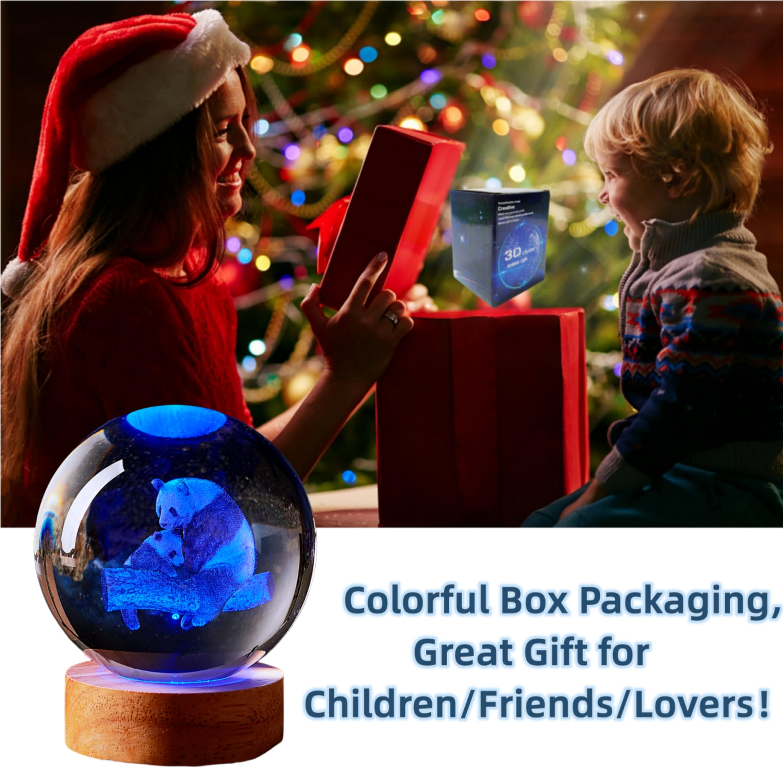 3D Panda Crystal Ball Lamp,3.15 Inch K9 Crystal Ball Night Light,Panda Family Light With Wooden Base,Glass Ball Table Lamp,16 Co