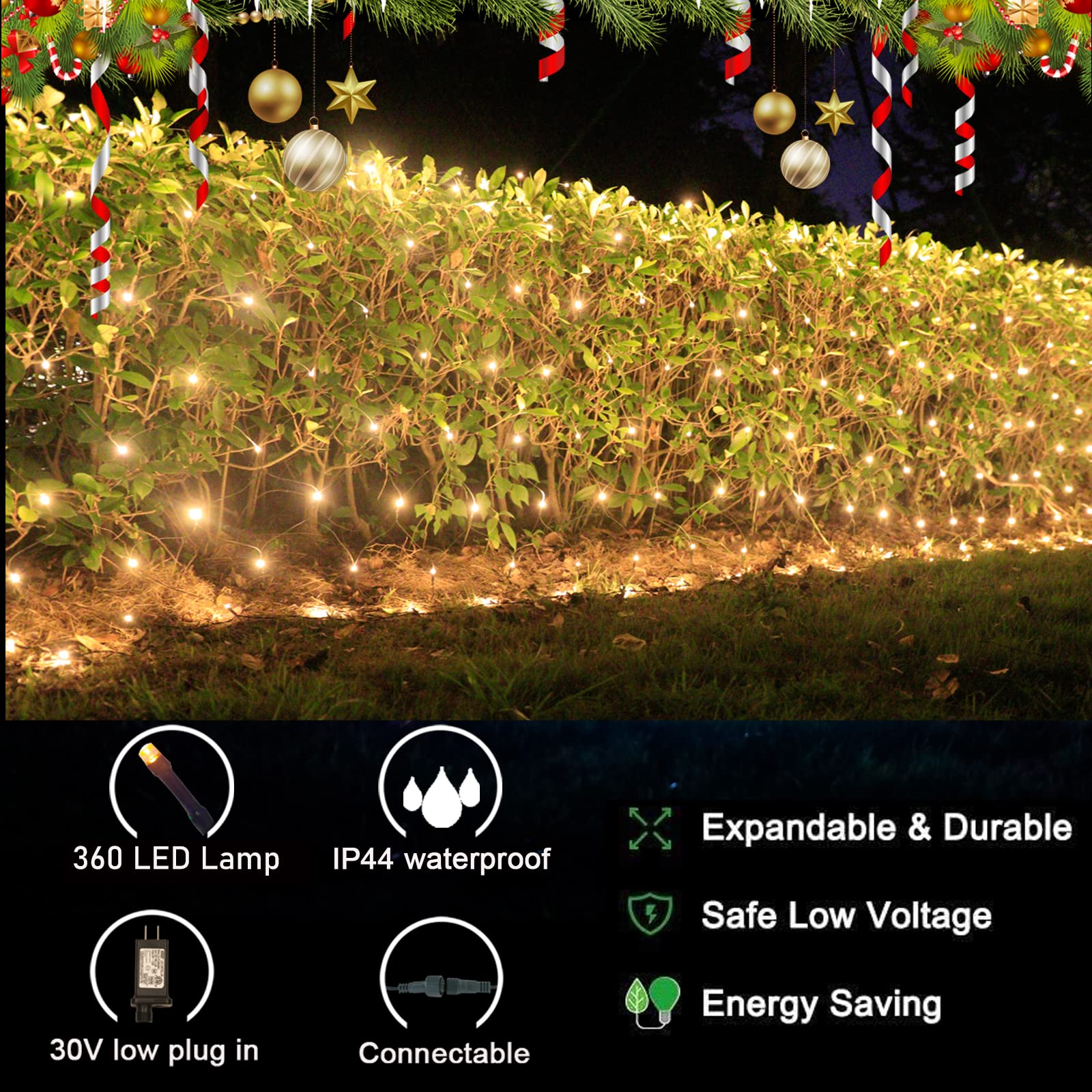 360Led Net Lights, 21Ft X 5Ft Connectable Christmas Outdoor String Mesh Lights With Memory Function, 8 Modes Waterproof Fairy Li
