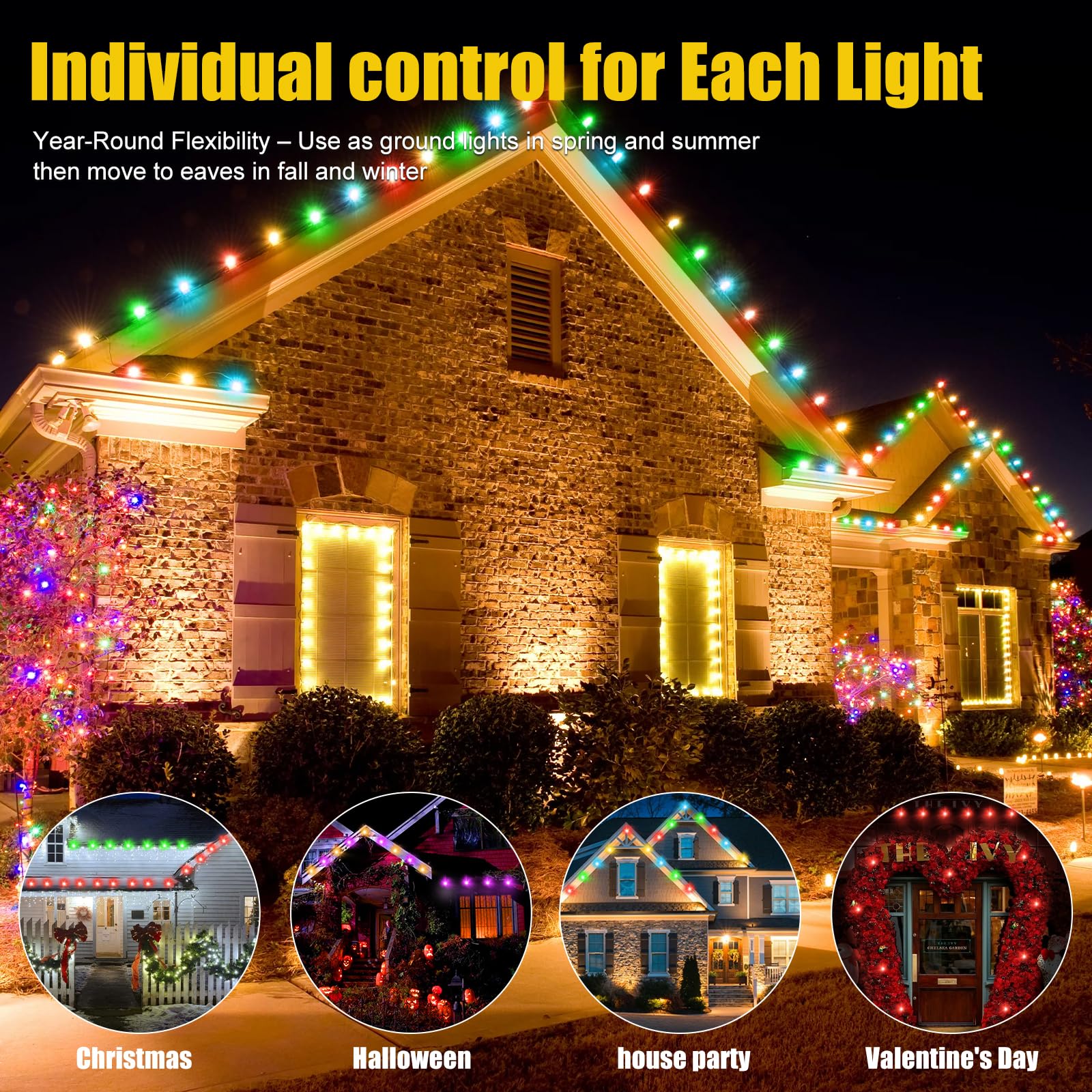 Geodurn LED String Lights, 100 FT Waterproof 2-in-1 Eaves & Ground Stakes, Black, Model DCD-30M, App/Remote Control, Color-Changing