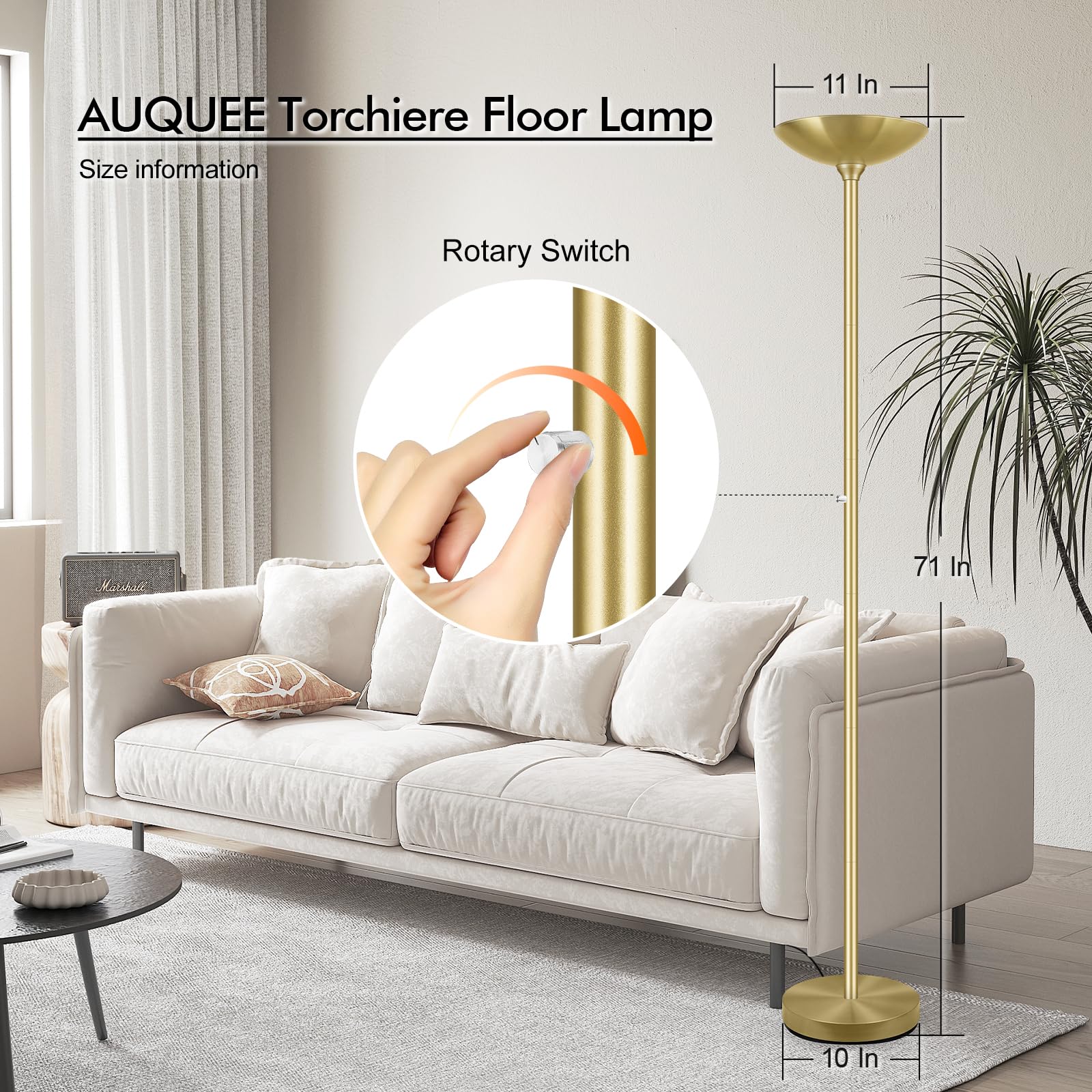 30W Torchiere Floor Lamp Gold, 3600Lm Bright Stepless Dimmable Floor Lamp, 71 Inch Led Standing Lamp 3000K, Rotary Switch, I Inc