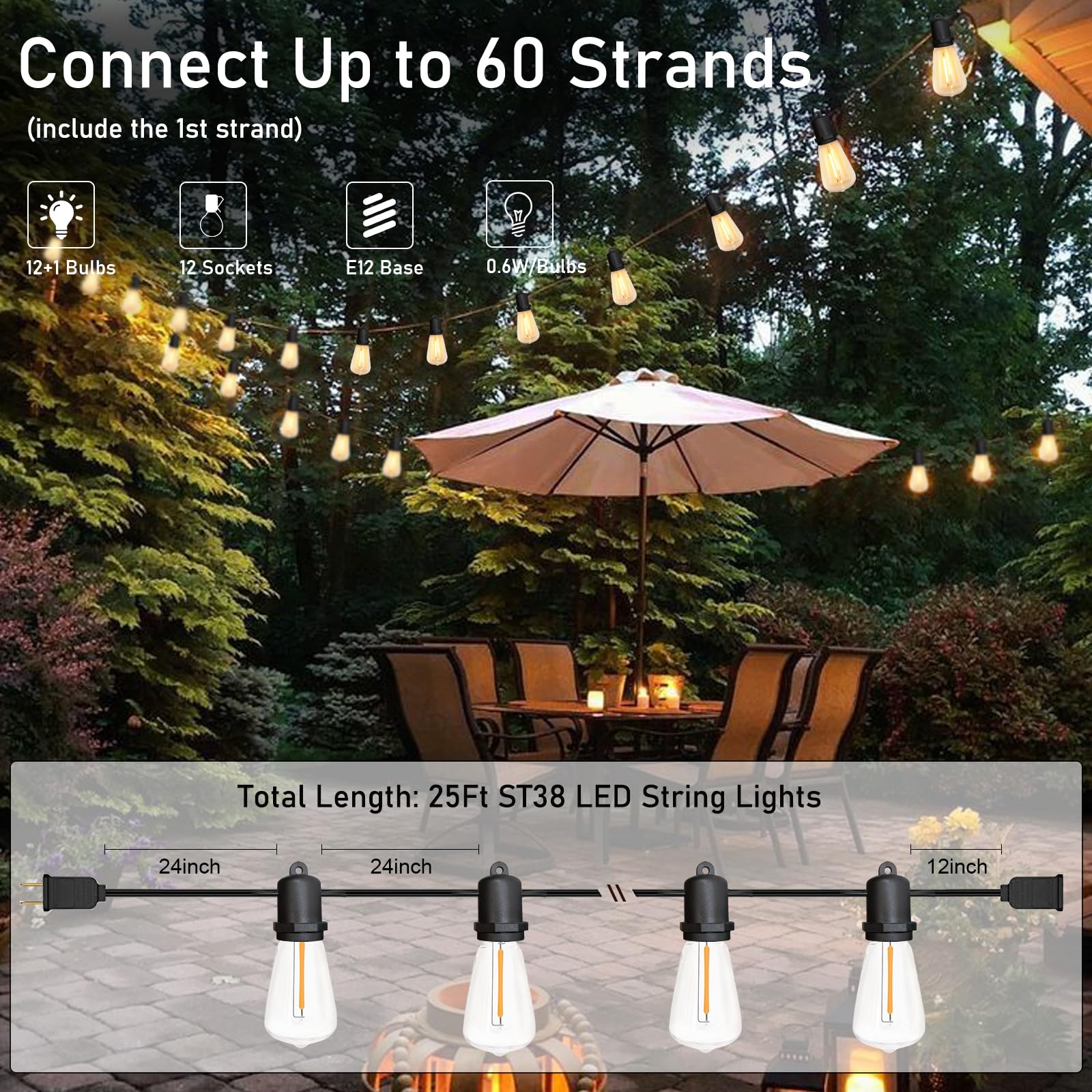 Konictom 25Ft Led Outdoor String Lights, 13 Warm White Shatterproof Bulbs For Patio & Garden Decor