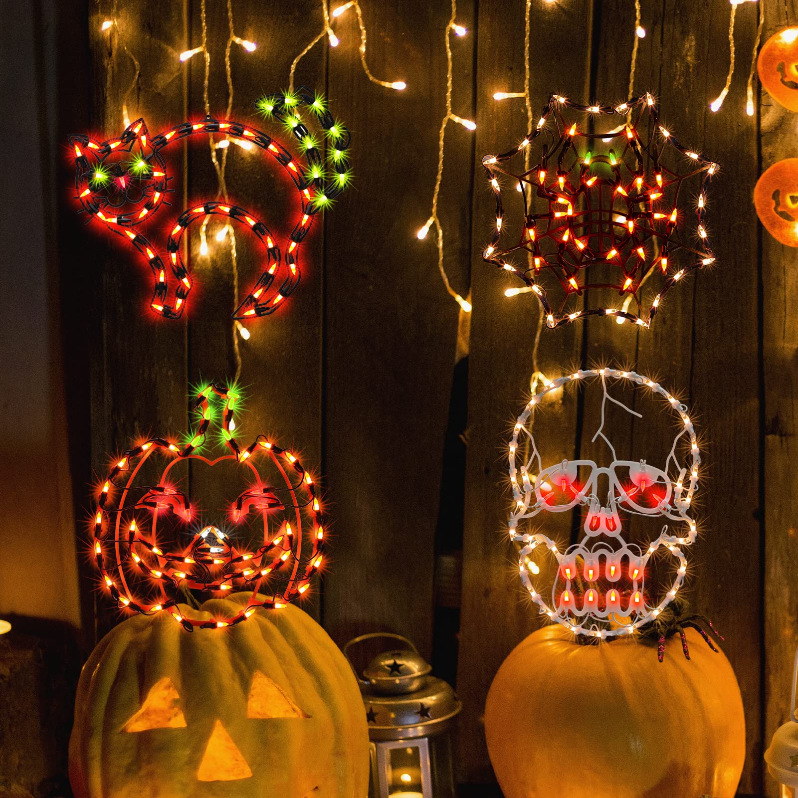 Justpro Lighted Spider, Bat, Happy Halloween,Boo Halloween Window Silhouette Decoration,Halloween Lighted Window Decoration,Hanging Light Up Holiday Ornament