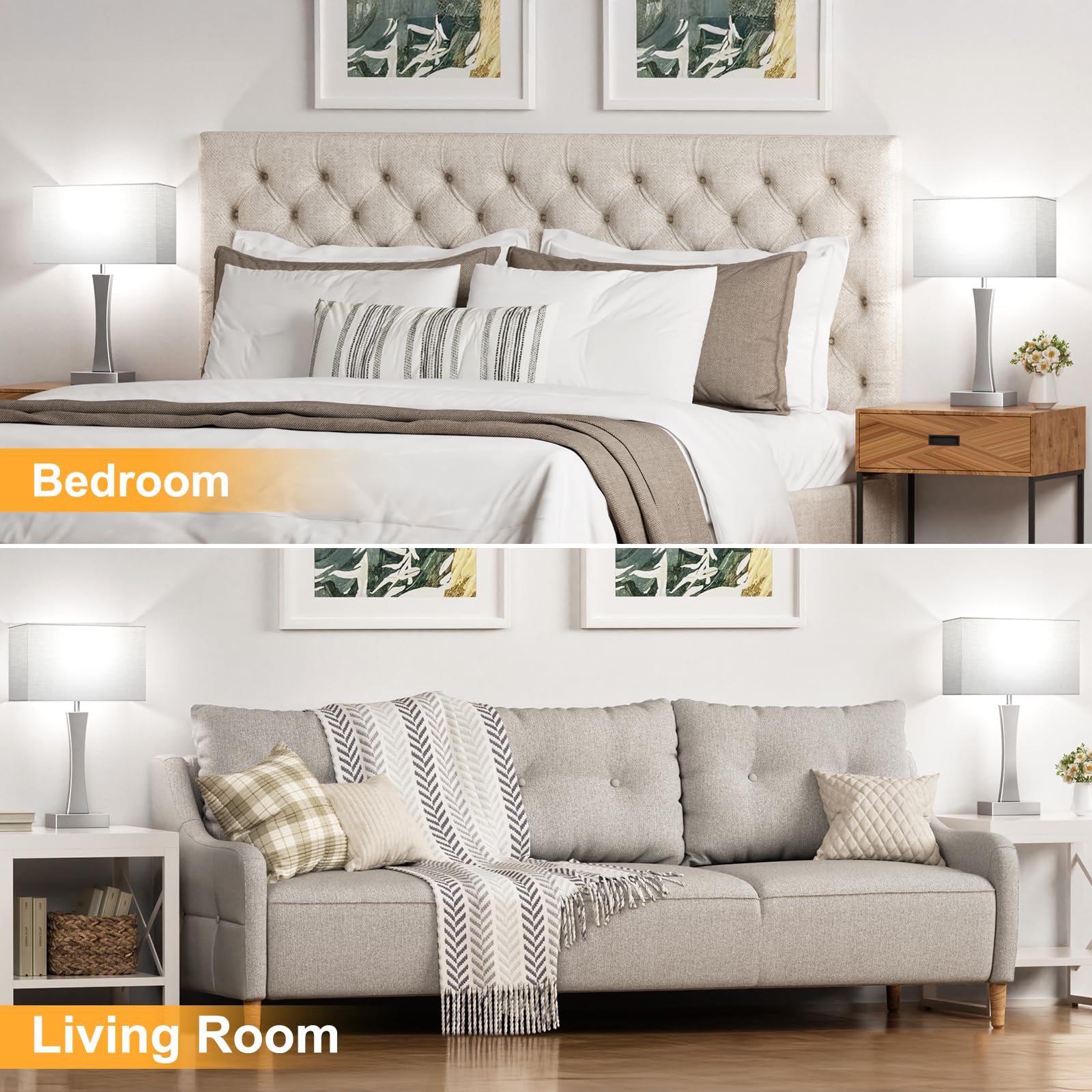 Seealle Bedside Lamps Set of 2 - 3 Way Dimmable Touch Table Lamps with USB Ports, Grey, Metal, Model jinshumian3 7