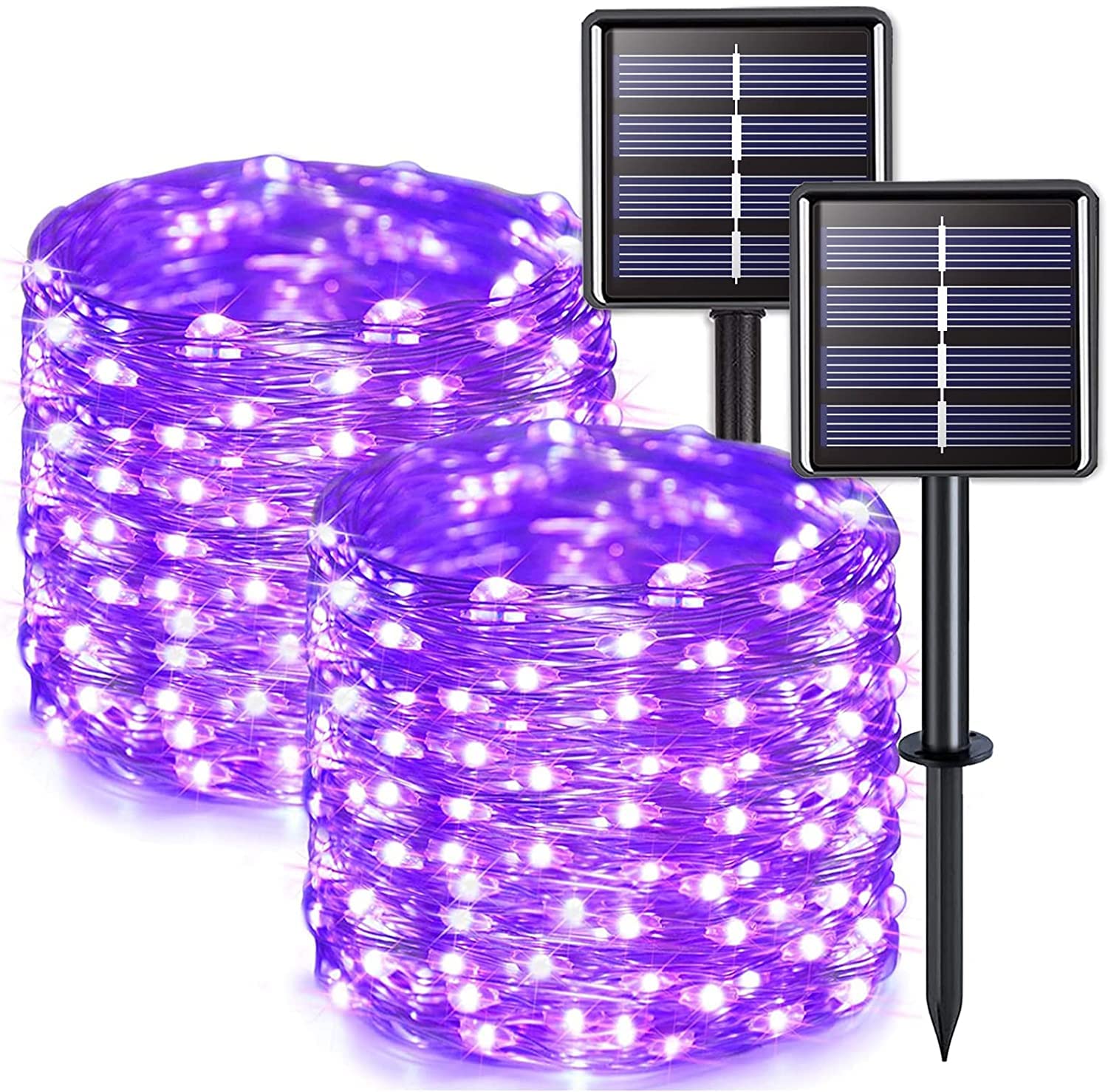 JMEXSUSS 2 Pack Solar Christmas Lights, 33ft 100 LED, Waterproof, 8 Modes, Purple Fairy Lights for Outdoor Tree Garden Decorations