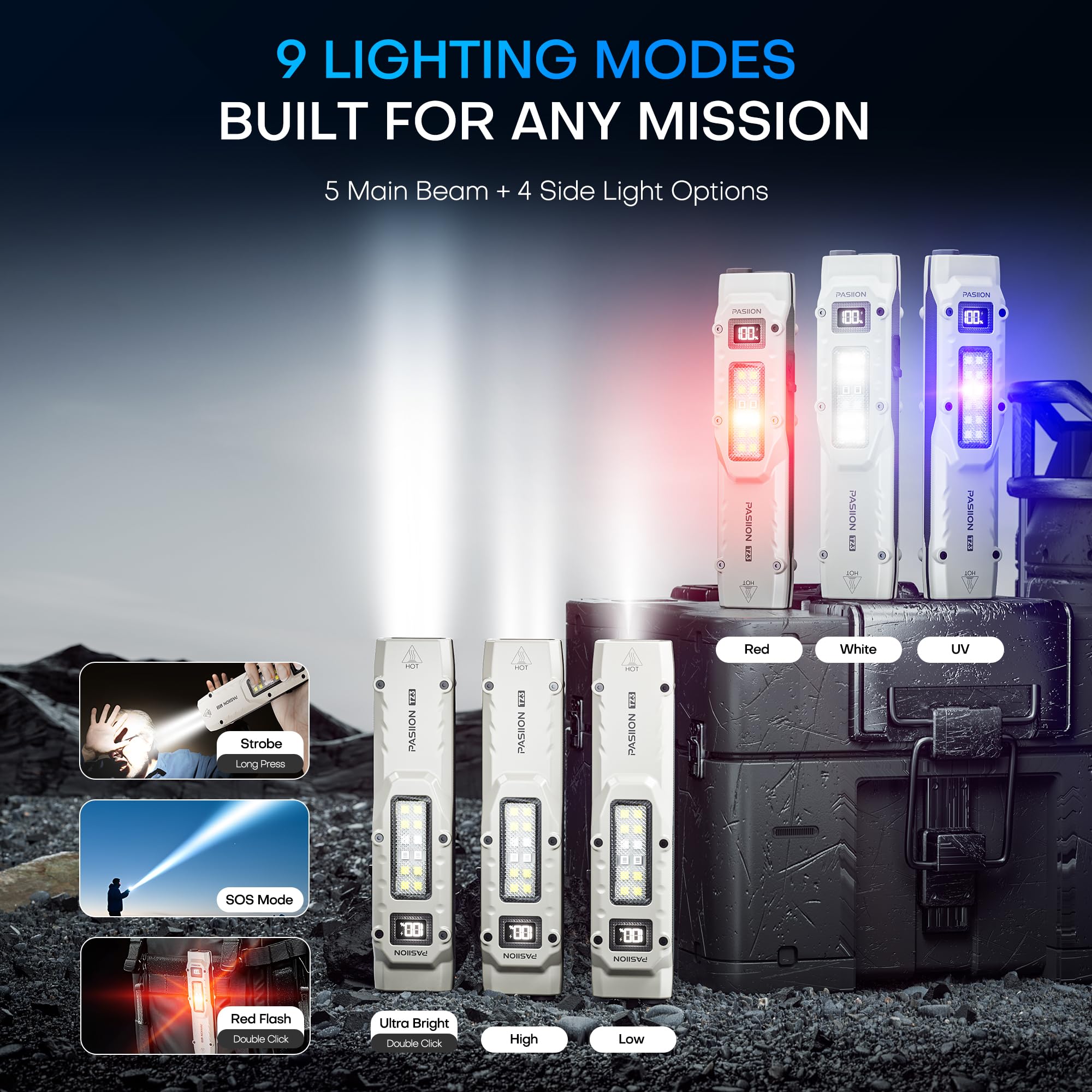 PASIION EDC Tactical Flashlight, Rechargeable Stainless Steel, 8 Modes, Cool White 6000K-7000K, Model FL05T-A-WH