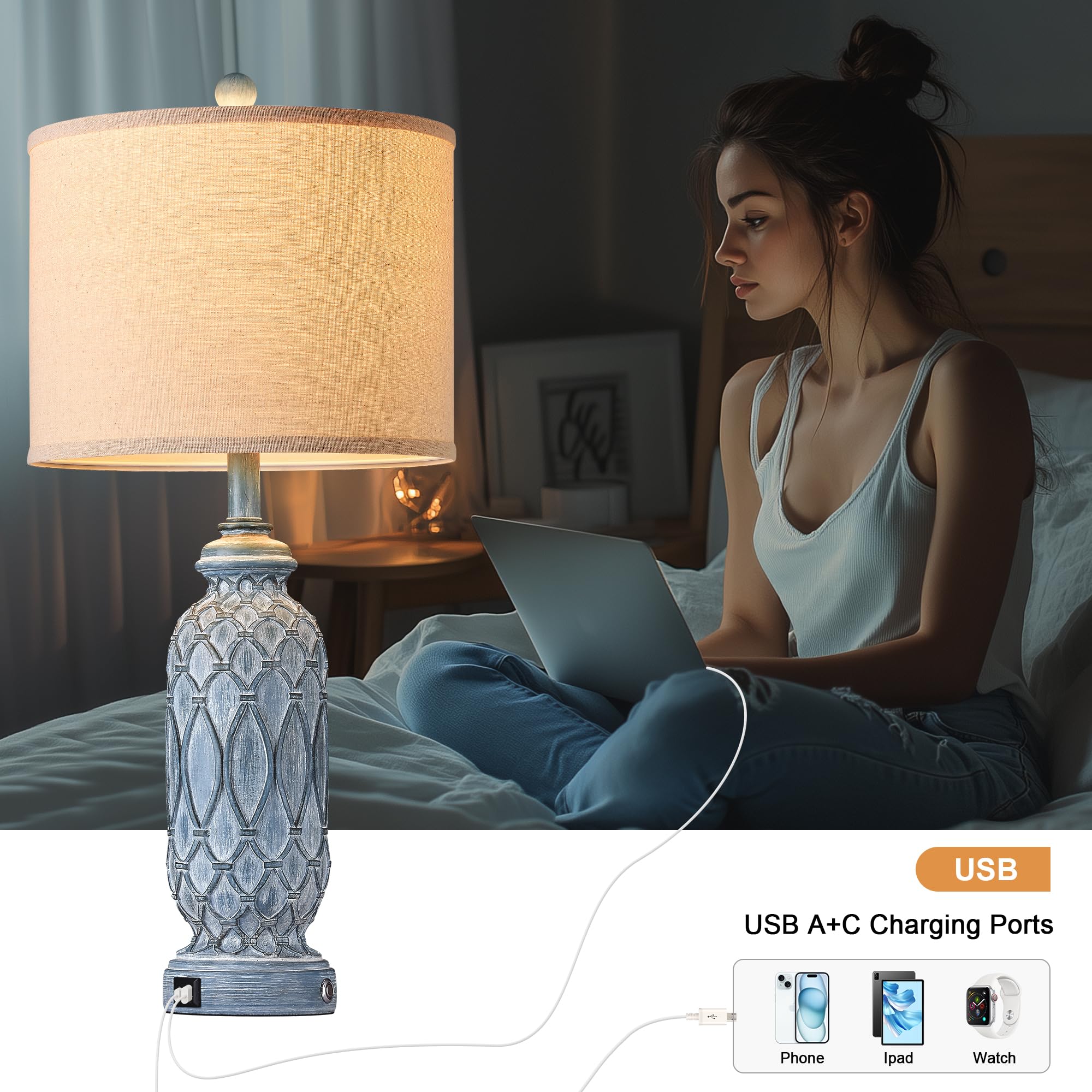 Ireliare 28'' Living Room Lamps Set Of 2, Farmhouse Lamps For Bedroom With Usb A+C Charging Ports, Touch Lamps For Nightstand, 2