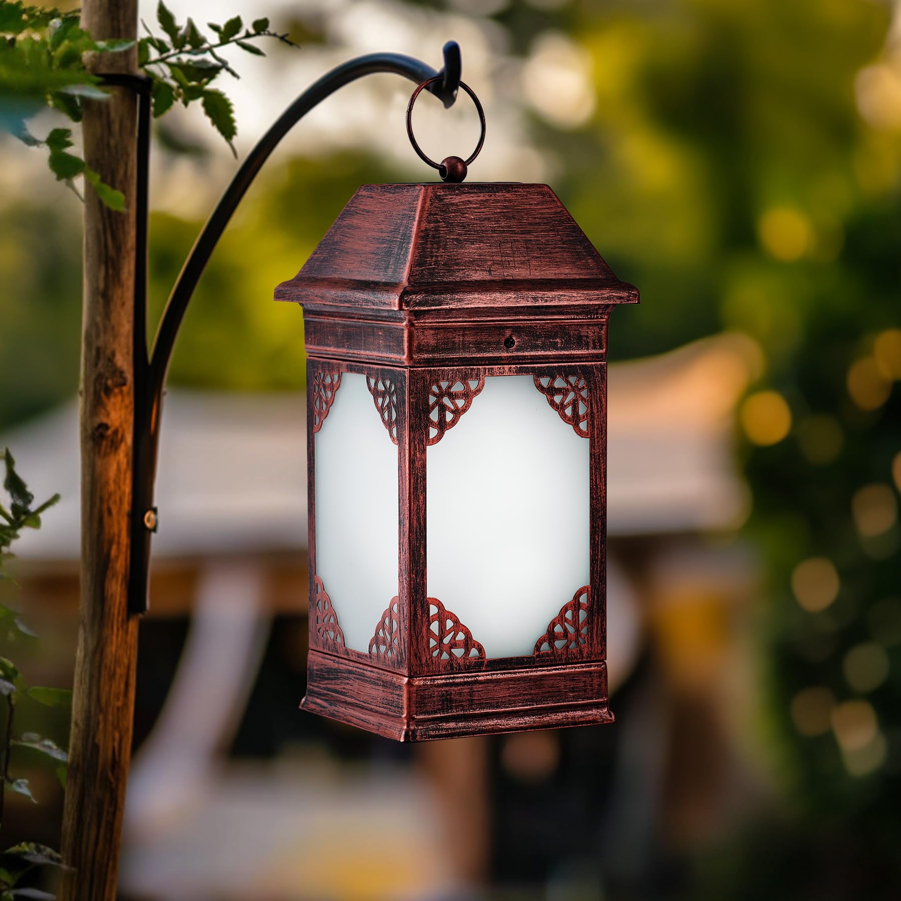 14 Solar Lanterns Outdoor Waterproof, Glass Flickering Flame Solar Lantern, Hanging Metal Lantern Decorative for Patio Front Por