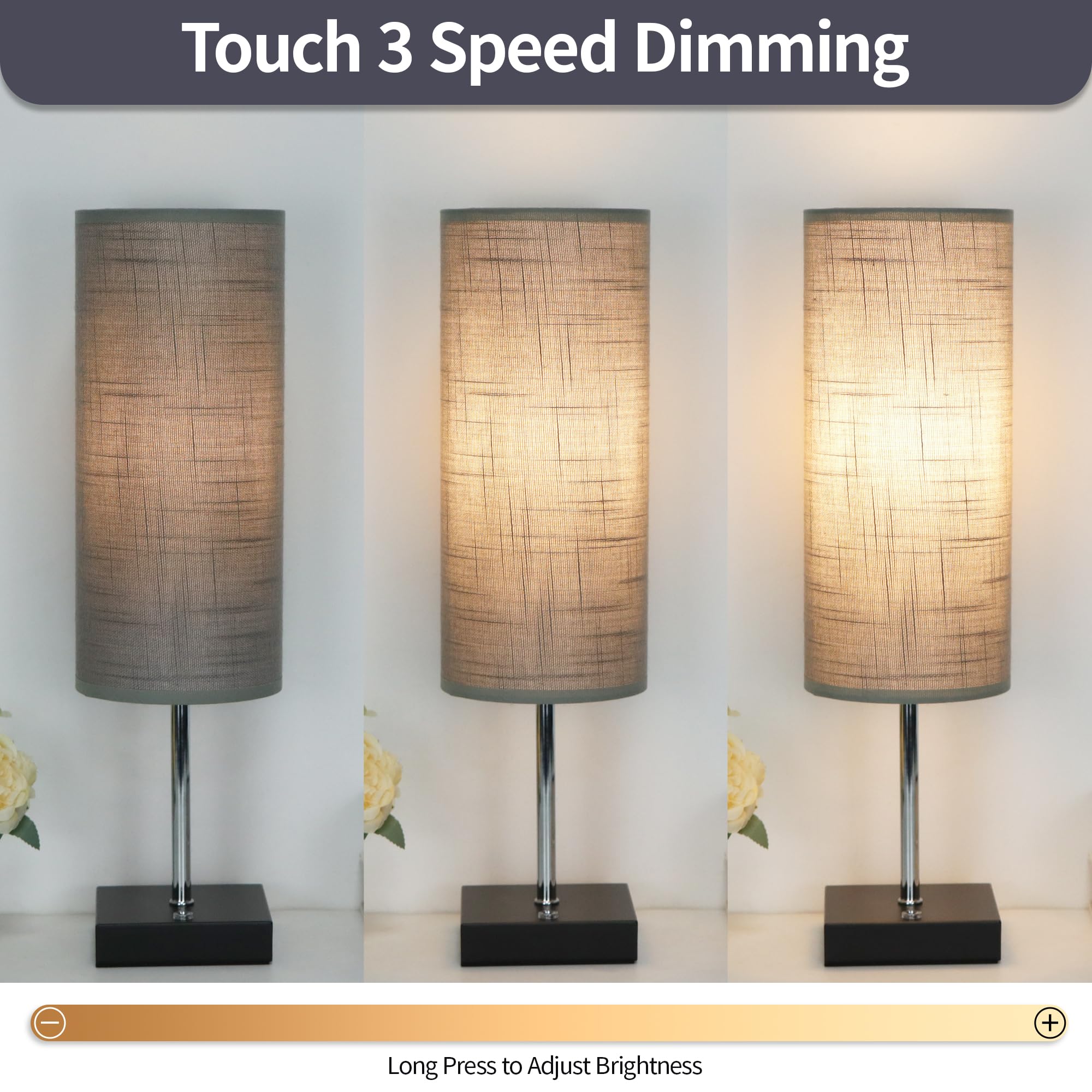 PLMMY 18-Inch Cordless Table Lamp, Rechargeable Touch Control, Dimmable, Gray Linen Fabric Shade, Battery Operated for Home and Office
