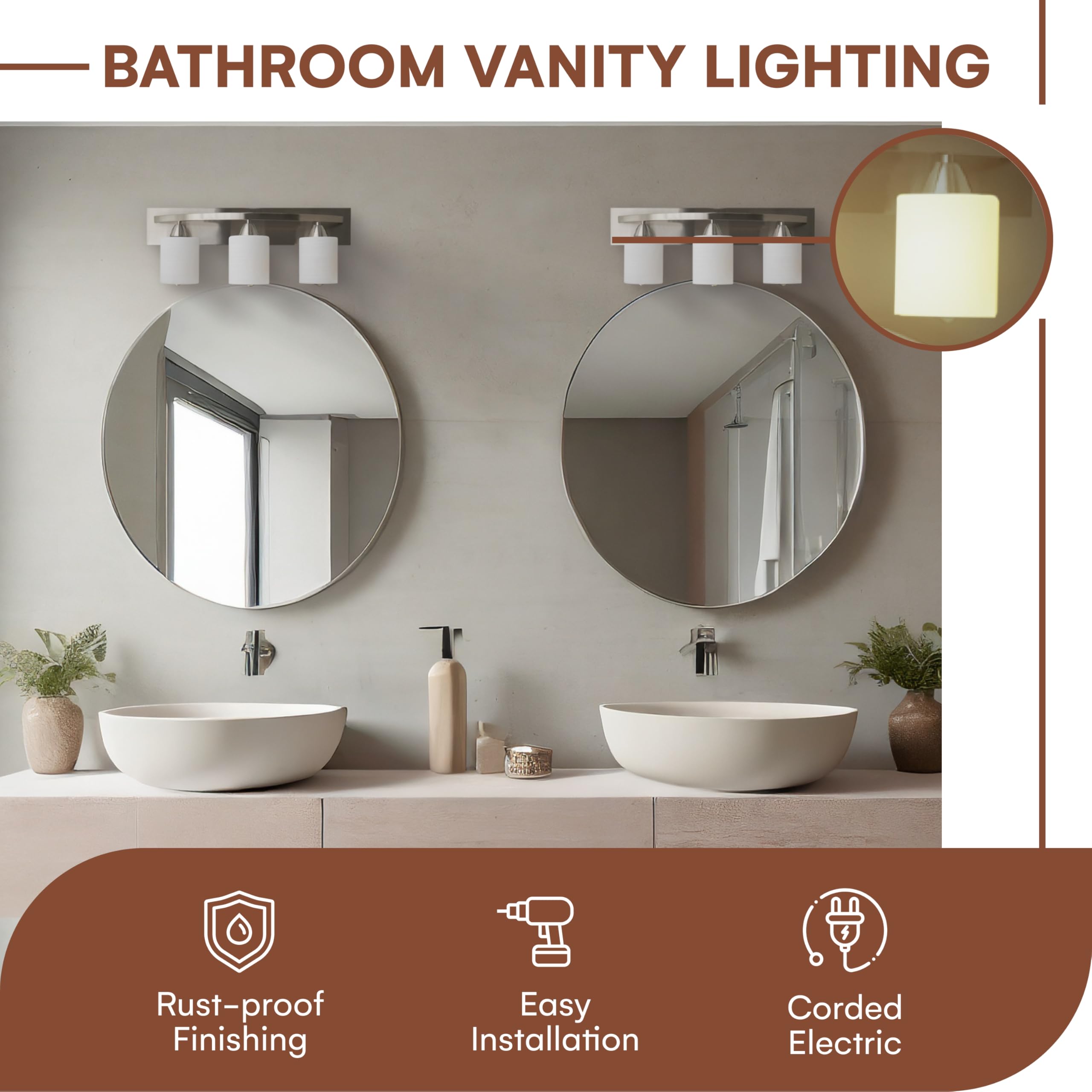 Dorence Vanity Light Fixture - Interior Bathroom Lighting Bar with Modern Milk Glass Shade - Bathroom Lights Over Mirror Fixture