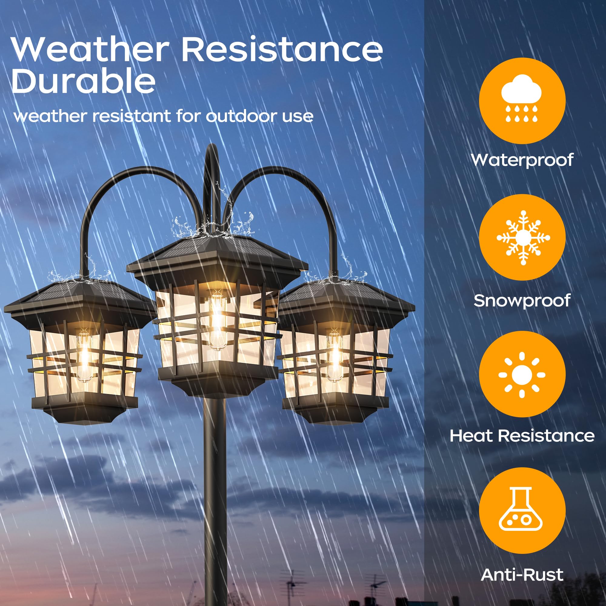 PARTPHONER 76in Classic Black Solar Lamp Post - 3-Head Waterproof Outdoor Street Light, LED Bulbs Included, Model PAPO033AB1