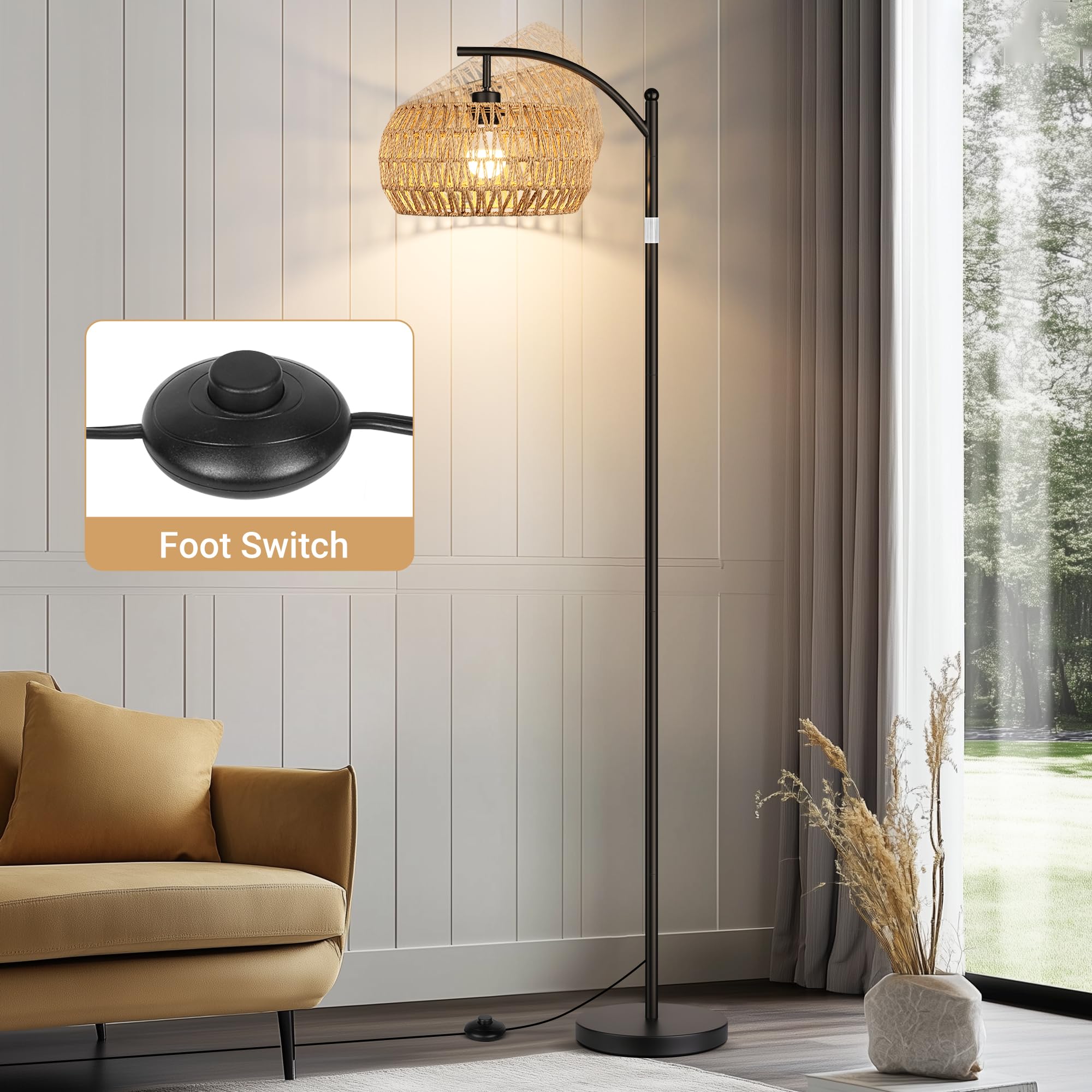 Rottogoon Boho Floor Lamp With Dimmable Bulb, Rattan Shade, Boho Standing Tall Lamps With Foot Switch, Black Bohemian Floor Lamp