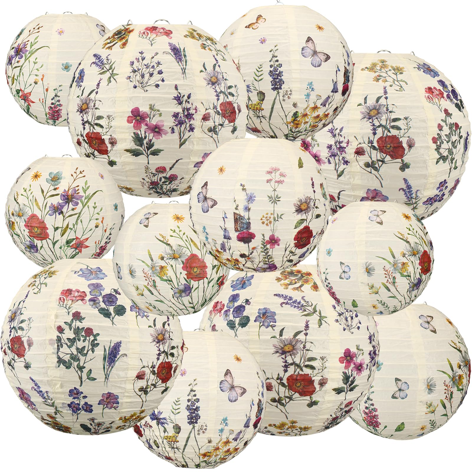 Baquler 12 Pcs Wildflower Paper Lanterns Party Decorations Vintage Floral Hanging Lanterns 3 Styles for Baby in Bloom Baby Showe