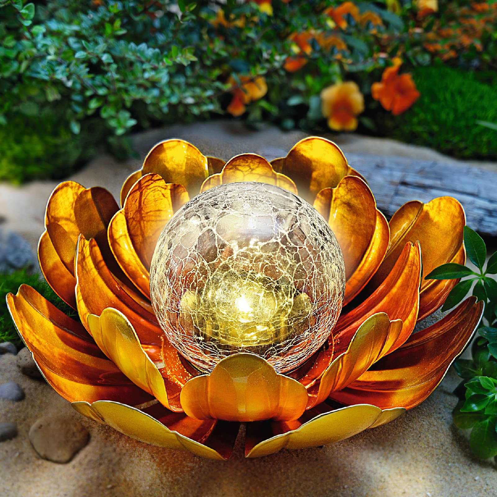 WNP Solar Flower Light - Outdoor Garden Decor, Metal Petal, Gold, Model WNP-FL-G
