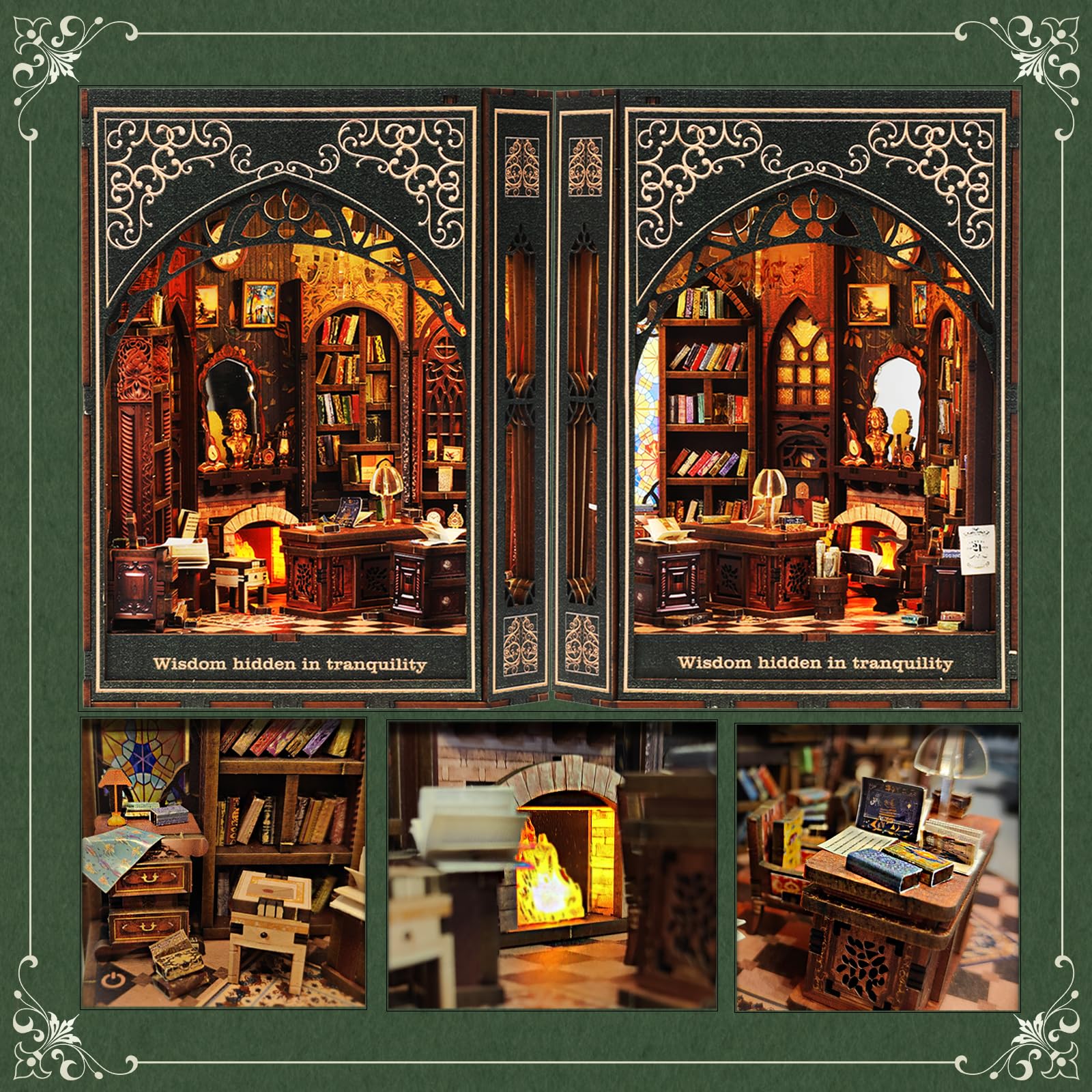 NookMaster Book Nook Kit, Type-C Charging, Classical Library Model, Green, 6x6x8.3 inches