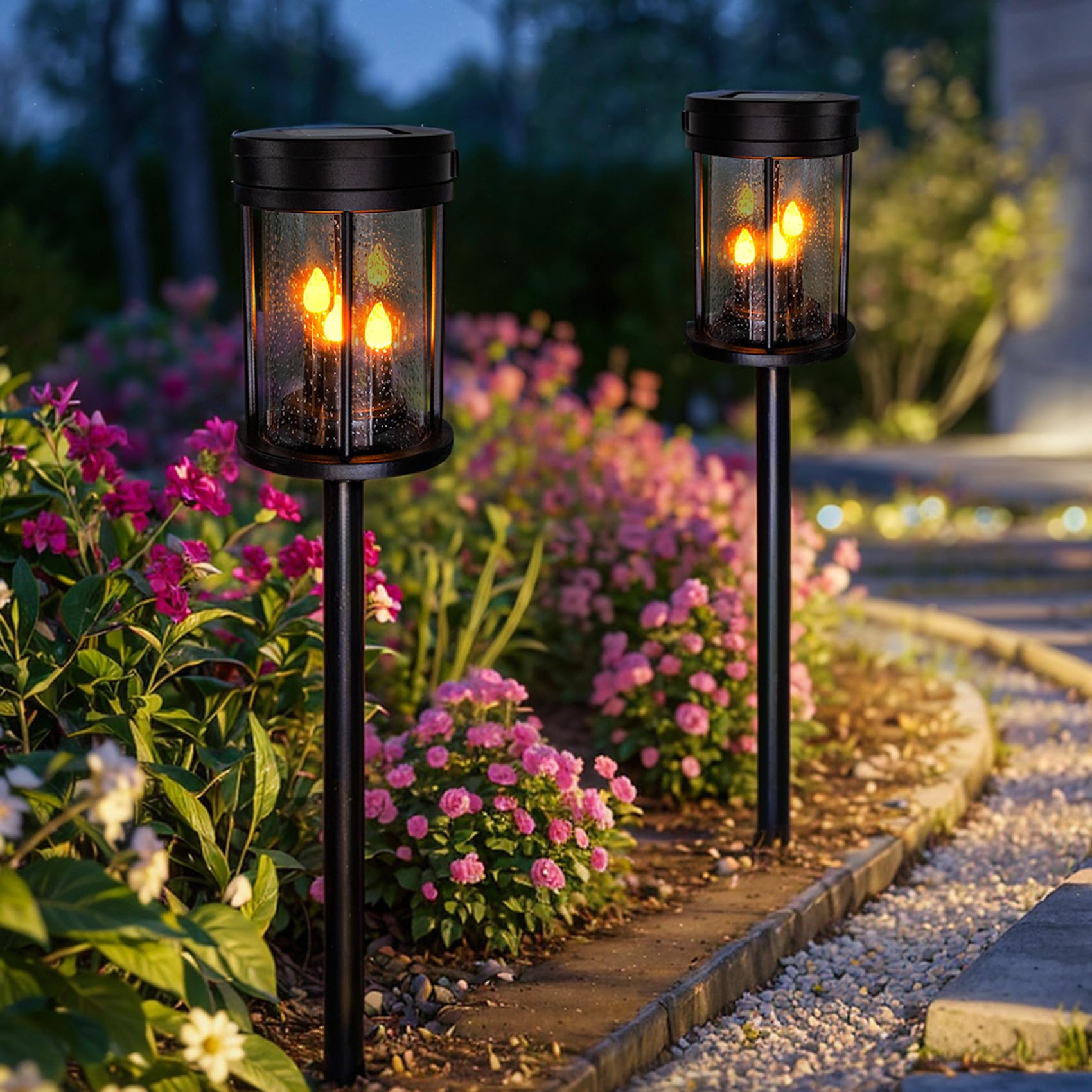 Outdoor Garden Solar Stake Lights Flickering Candle Lantern Lighting For Yard, Lawn, Patio, Pathway, Wall Decoration (2Pack, Bla