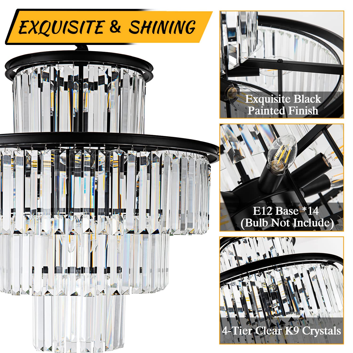 Lighceac 23" 14-Light Modern Crystal Chandelier Light Fixtures 4-Tier Black Luxury Chandeliers For Dining Room Round Hanging Pendant Lighting For Living Room Kitchen Entryway Bedroom Foyer Hallway