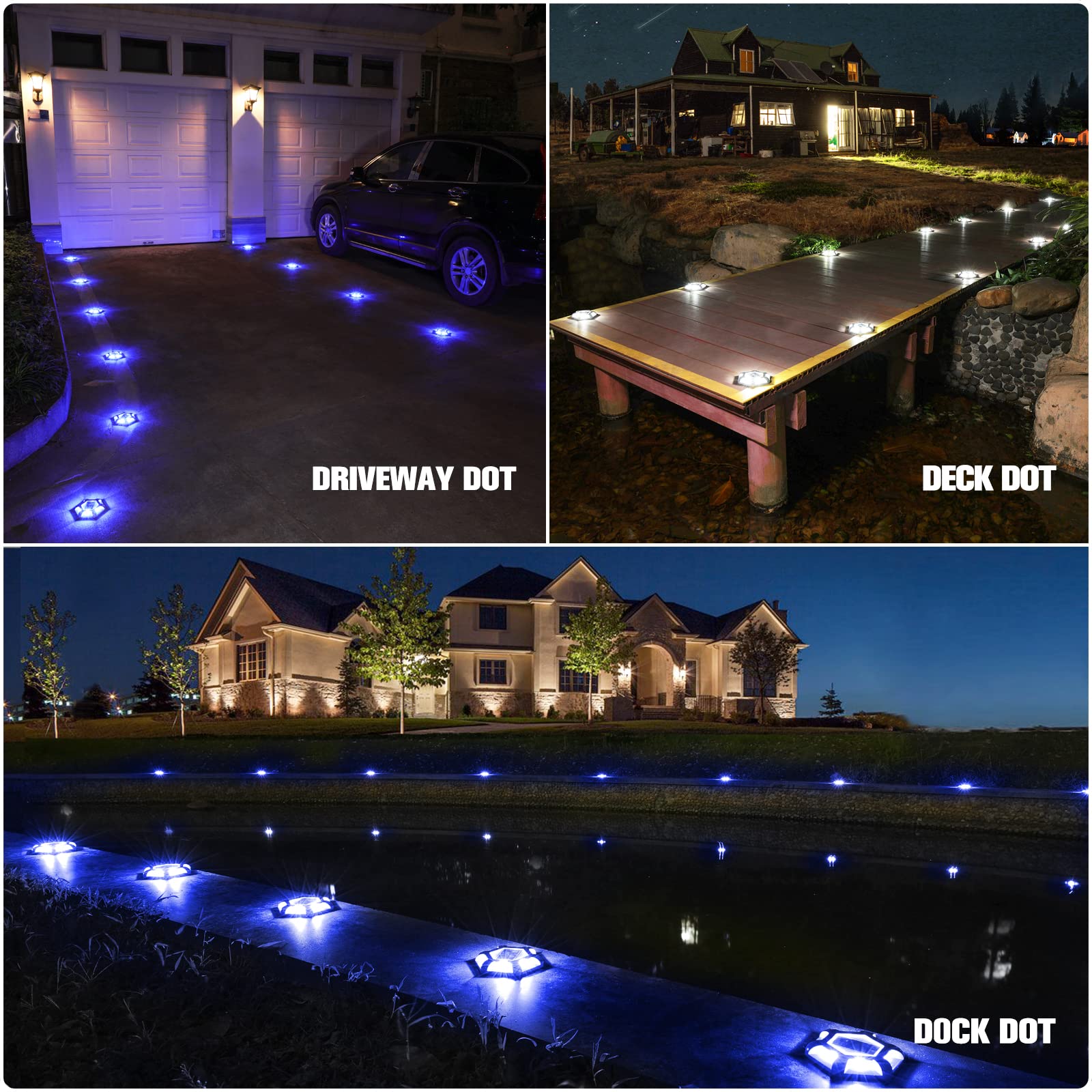 VOLISUN Solar Dock Lights, 16-Pack LED Aluminum Outdoor Lighting, Waterproof, Blue+White, Model 21400ZM