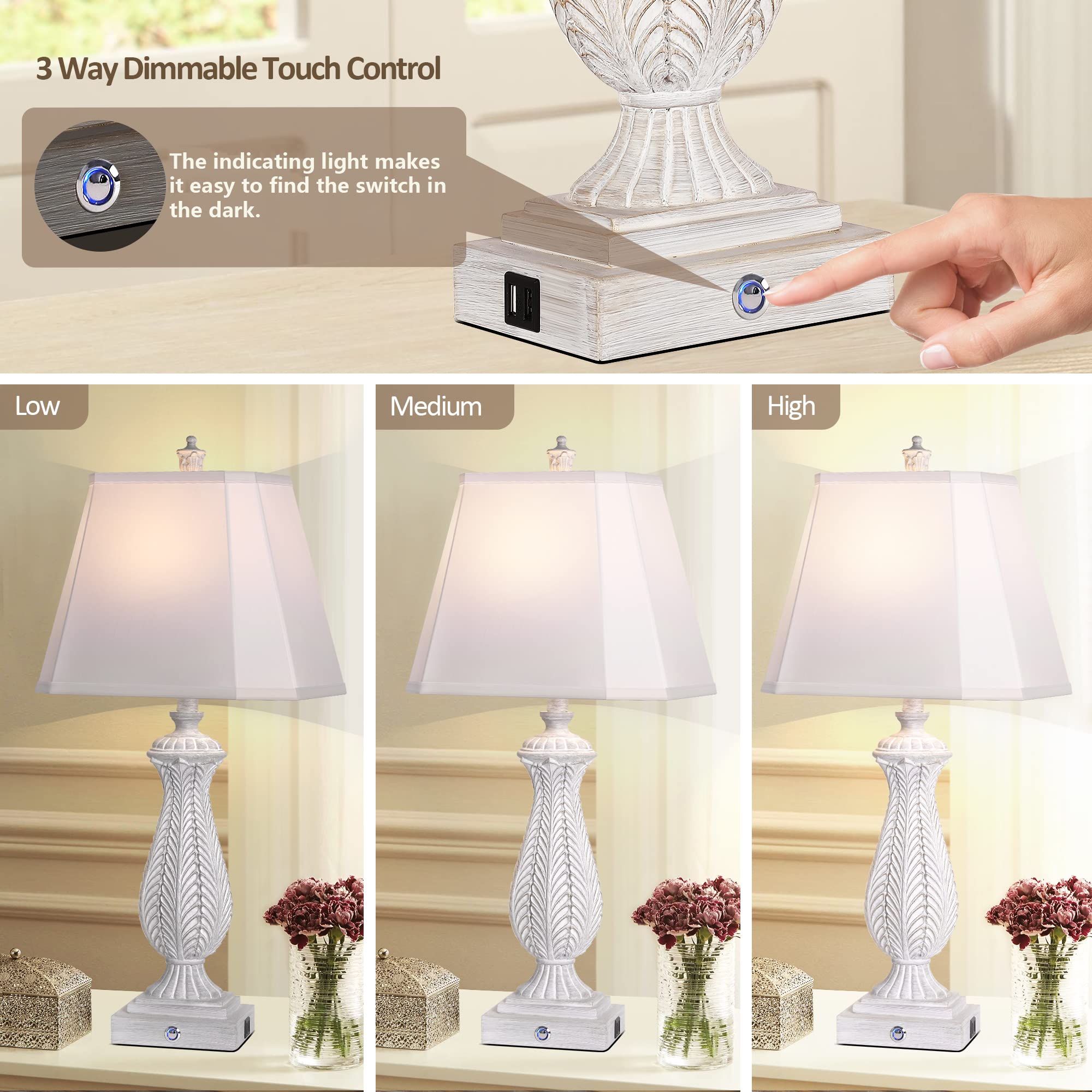 WIHTU 3-Way Dimmable Table Lamps Set of 2, 30in H, Washed White Resin, Touch Control, USB & Type-C Ports