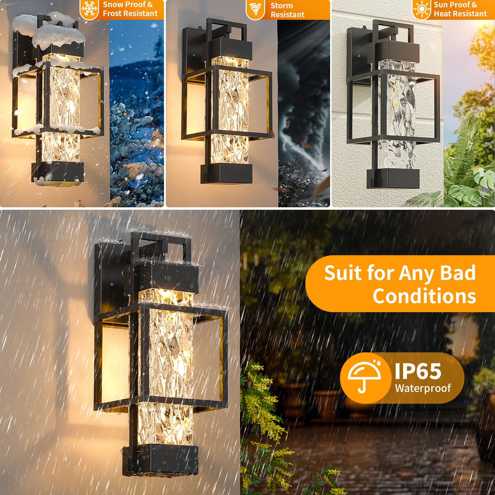 Hotsonic Outdoor Porch Light Fixtures, 14'' Dimmable Waterproof Wall Lanterns, Black, Large, Model HS-018, 2 Pack