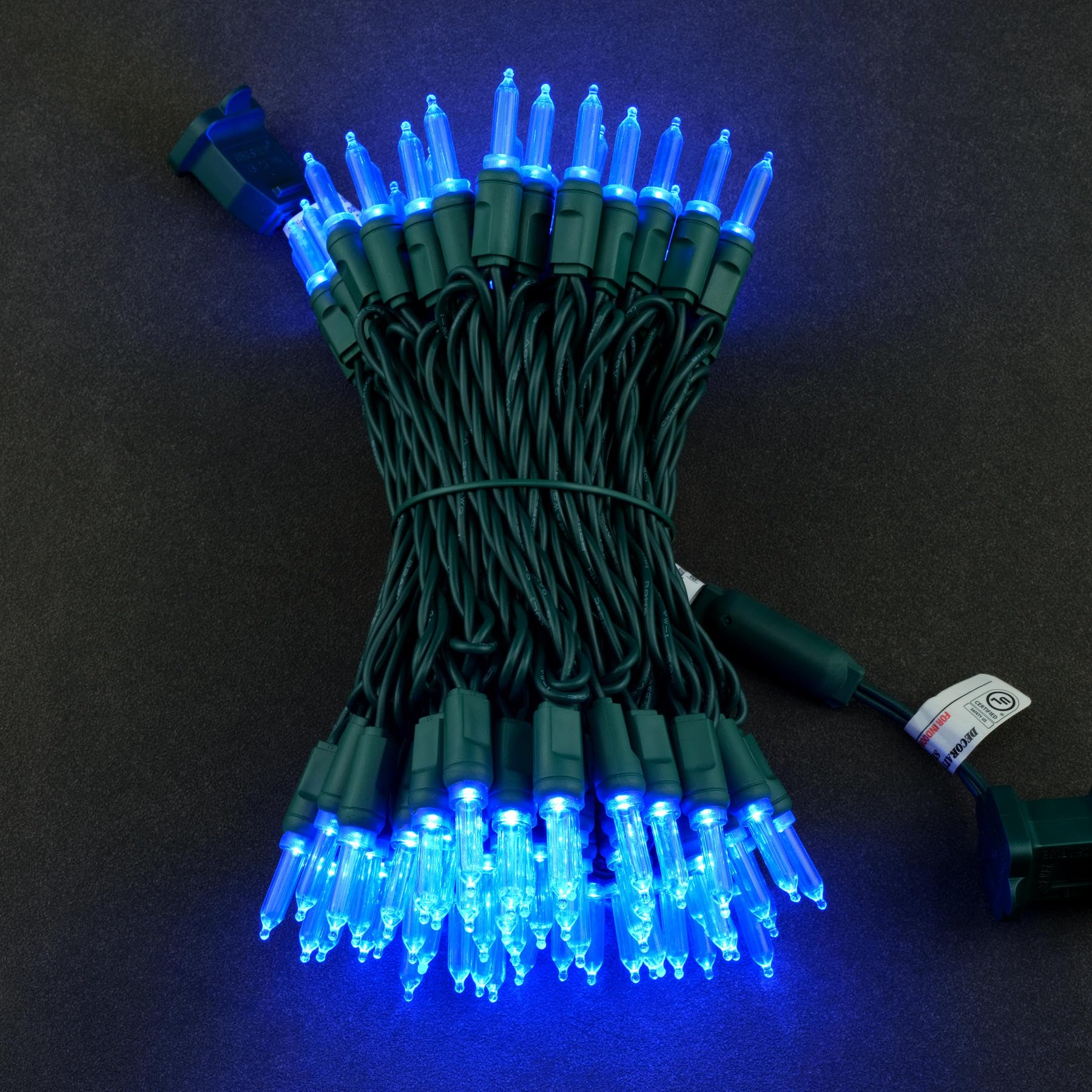 YULETIME 100 Blue T5 LED Christmas Lights, 33 ft Waterproof Green Wire, UL Certified