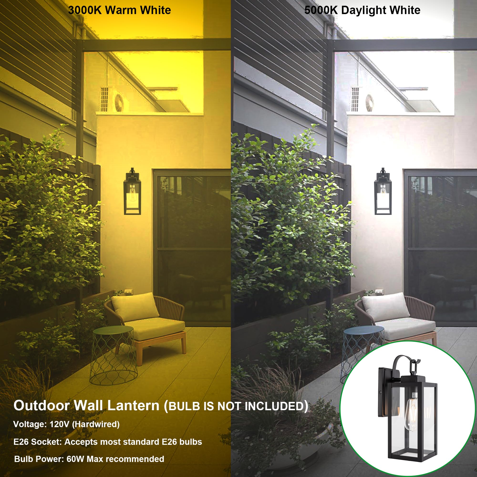 GRUENLICH Outdoor Wall Lantern Sconce, Matte Black, E26 Base, 60W Max, 13.75 Inch, Anti-rust Metal, Model GR-WL004