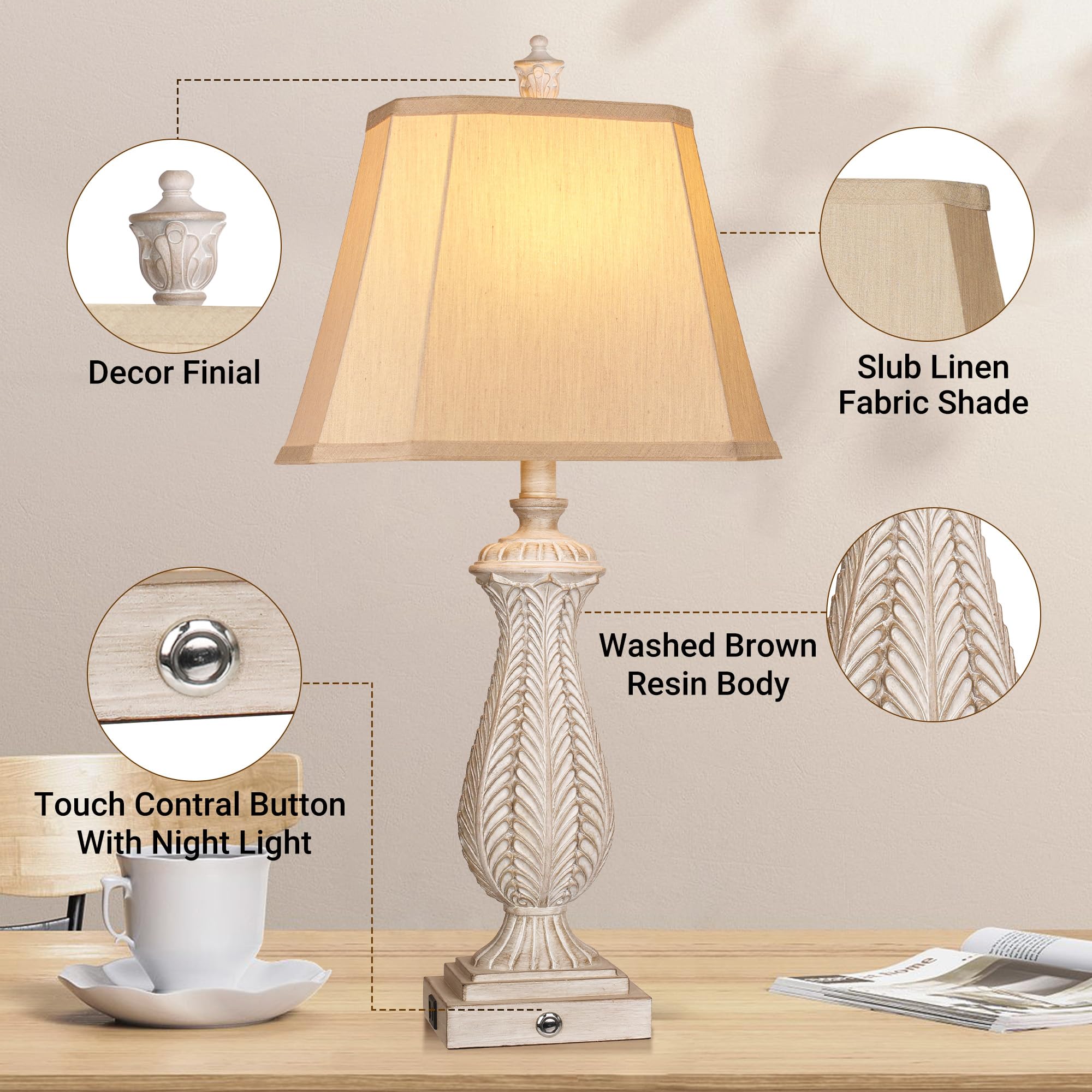 WIHTU 3-Way Dimmable Table Lamps Set of 2, Light Wood Resin, 30in H with USB & Type-C Ports, Model STR-DL-0042