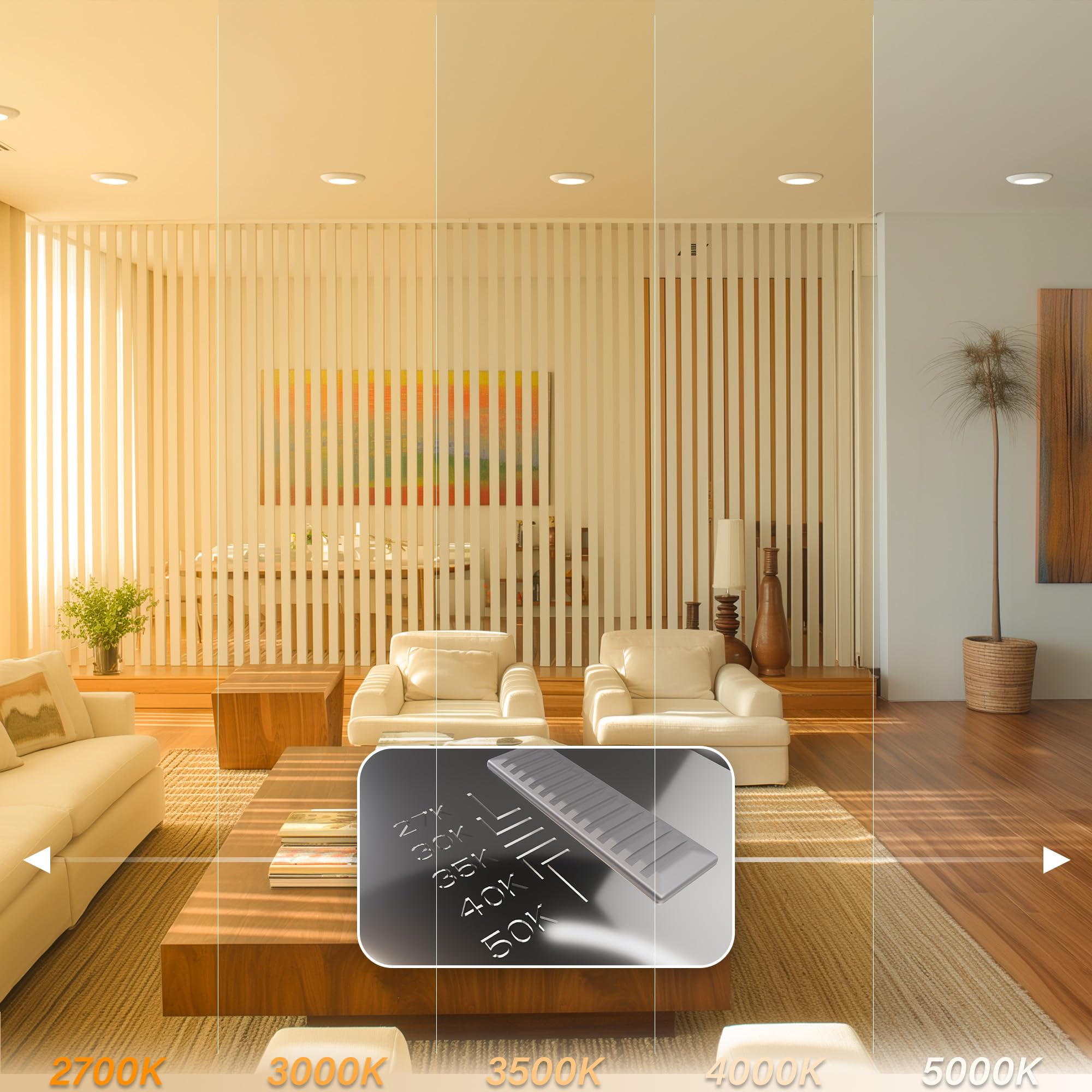 JULLISON 6 Inch LED Disk Light, 15W, 1000LM, Dimmable, 5CCT Color Changing, ETL, Shower Wet Rated, White, 1