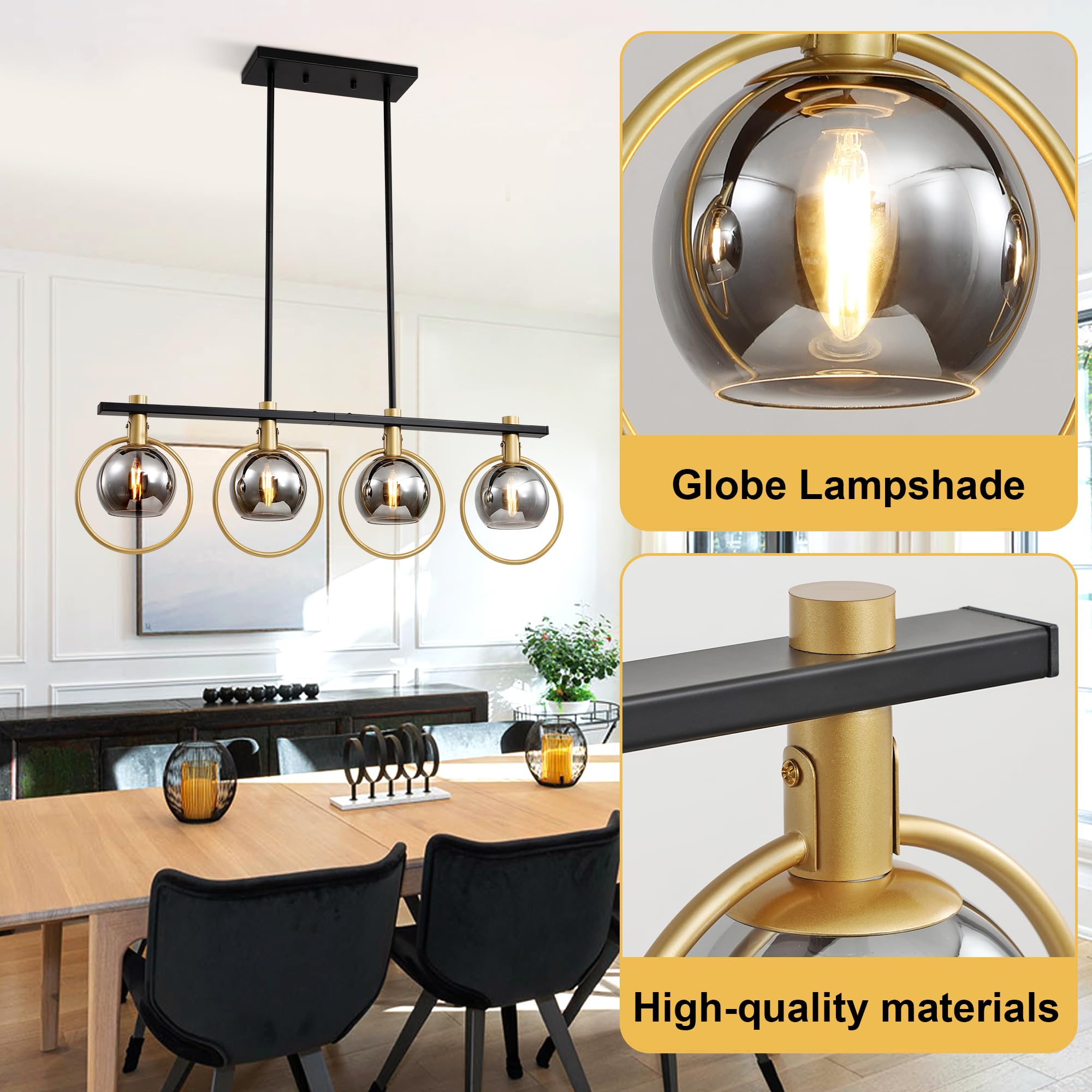 Kveosv 4-Light Gold Black Chandelier Modern Farmhouse Linear Light Fixture Smoke Gray Glass Shade