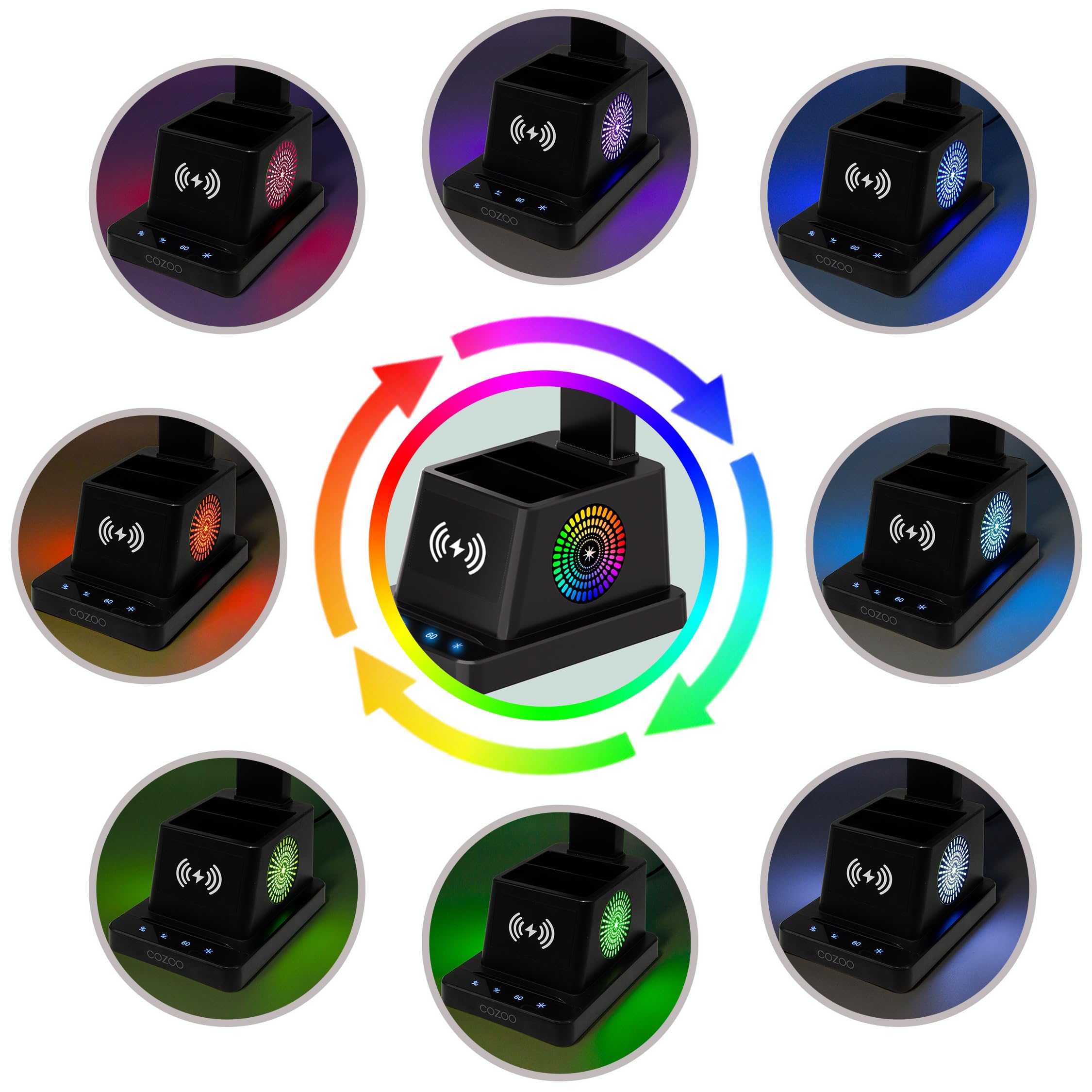 Cozoo Led Desk Lamp With Wireless Charger, Pen Holder, Color Changing Nightlight, 12 Modes, Black