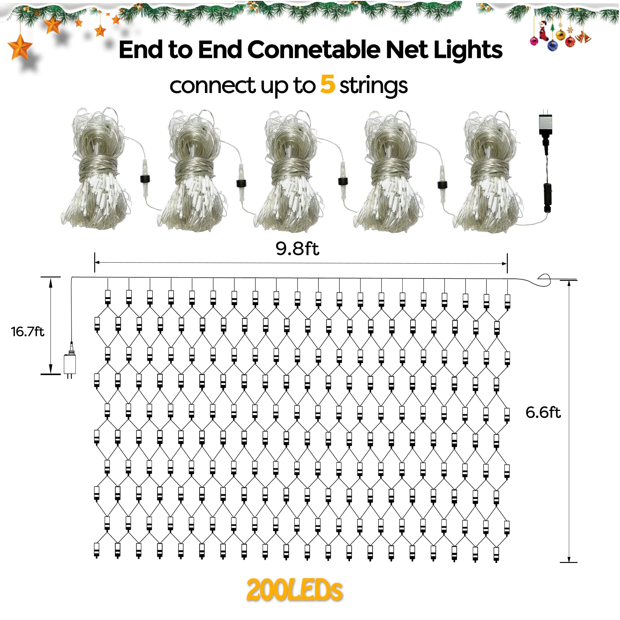 Wbao Christmas Lights, 200Led 9.8Ft X 6.6Ft Christmas Bush Lights, 8 Modes, Timer, End To End Connectable, Waterproof Design For