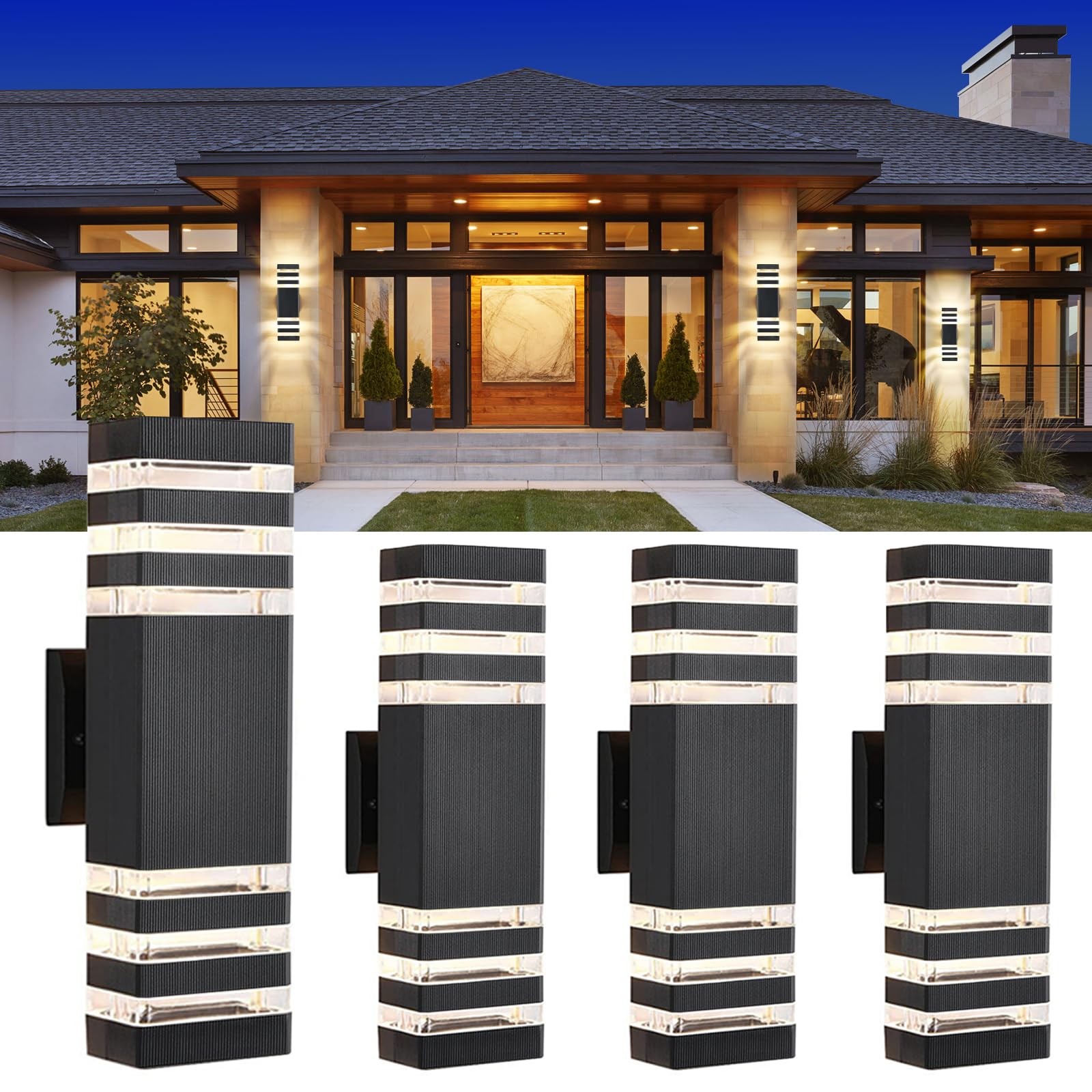DASTOR 4 Pack Modern Outdoor Wall Lights, 15.1   Up and Down Porch Lights, 14W 3000K Warm White Exterior Sconce Lighting Fixtu